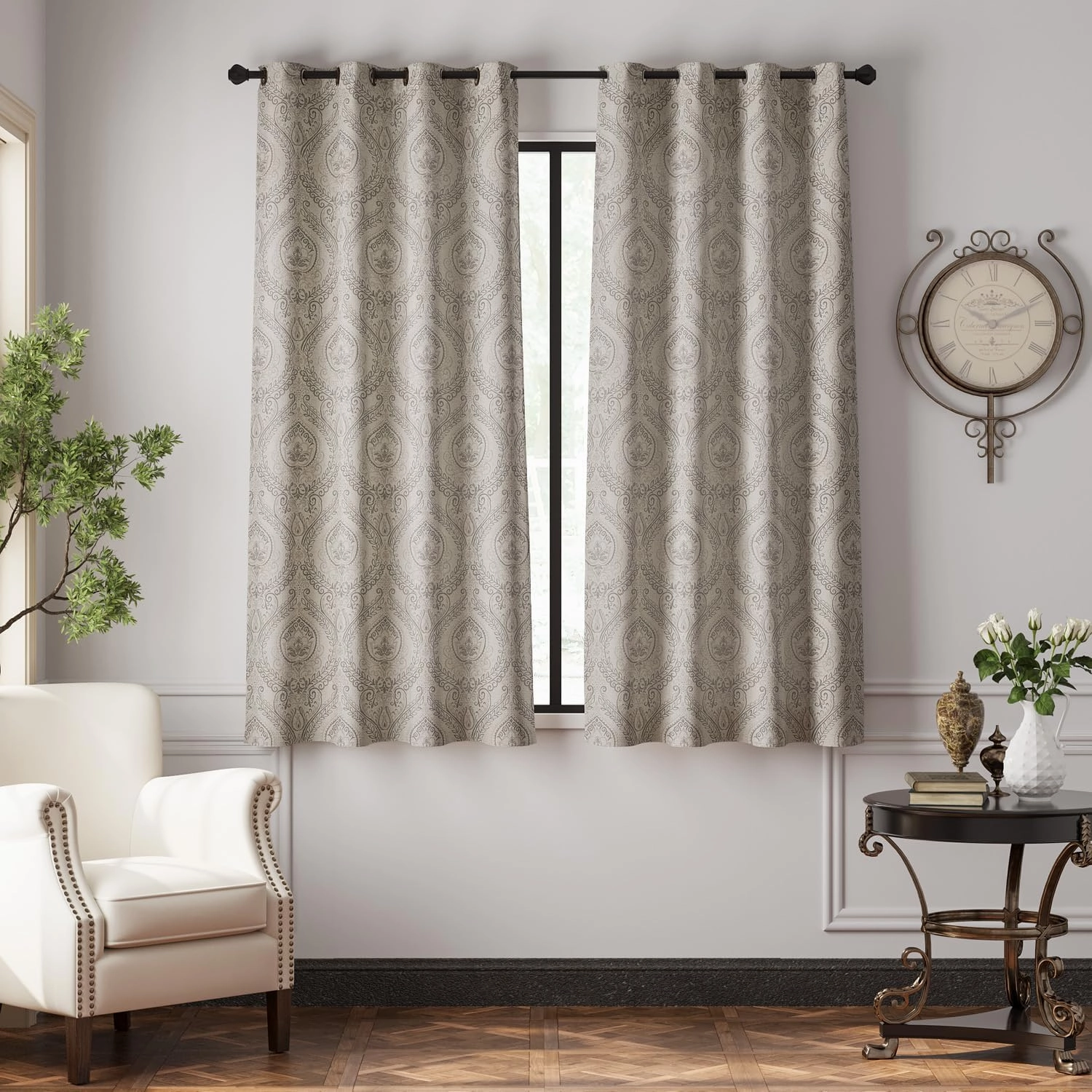 jinchan Linen Textured Curtains for Living Room Darkening 72 Inch Length, Medallion Drapes for Bedroom, Damask Pattern Window Treatments Vintage Curtain Panels, 2 Panels Grey on Greige