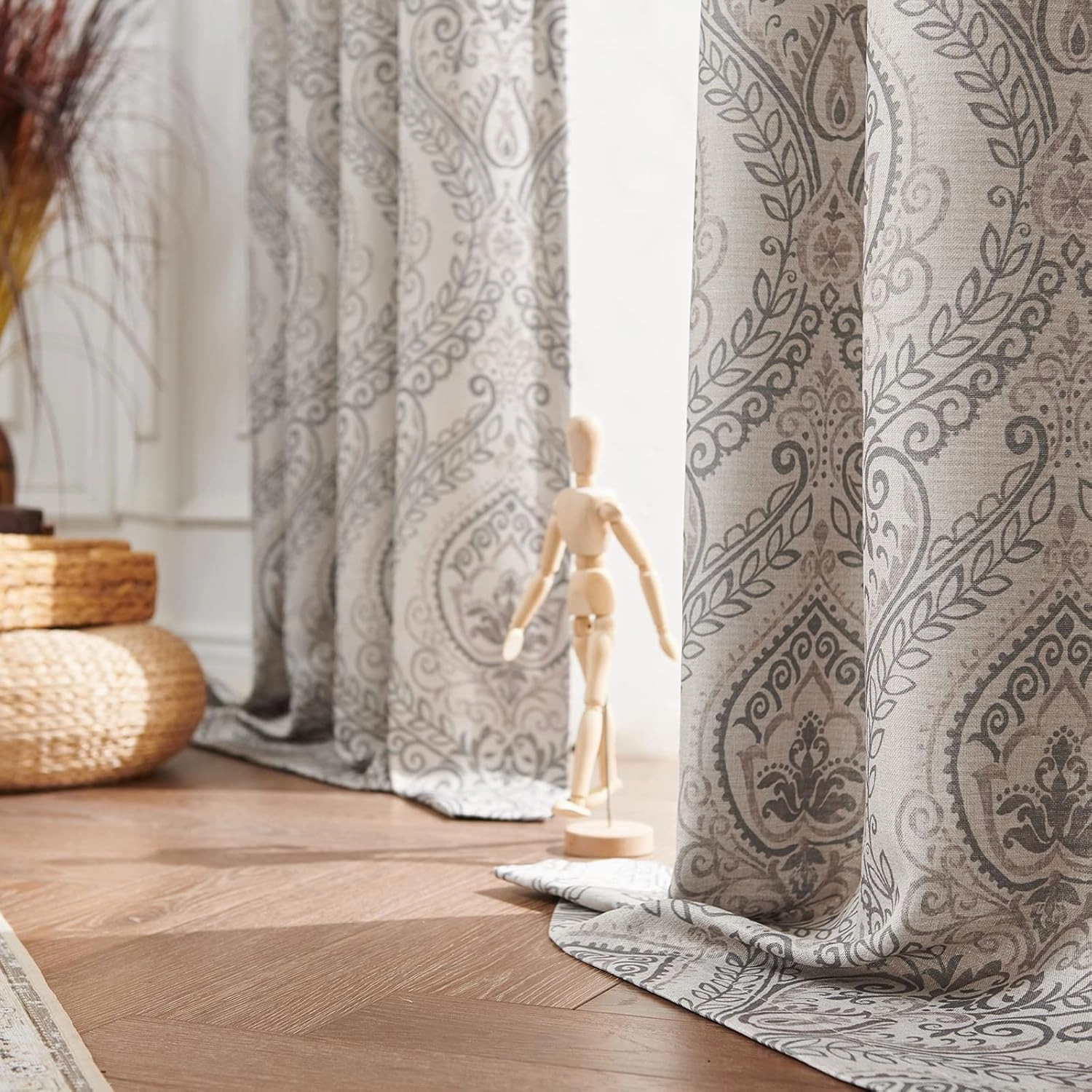 jinchan Linen Textured Curtains for Living Room Darkening 72 Inch Length, Medallion Drapes for Bedroom, Damask Pattern Window Treatments Vintage Curtain Panels, 2 Panels Grey on Greige