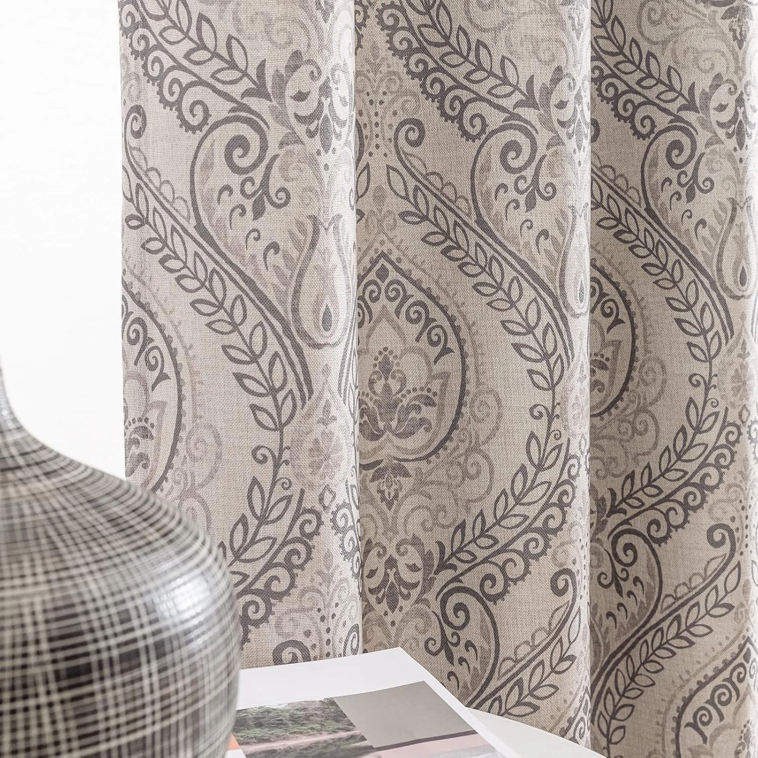 jinchan Linen Textured Curtains for Living Room Darkening 72 Inch Length, Medallion Drapes for Bedroom, Damask Pattern Window Treatments Vintage Curtain Panels, 2 Panels Grey on Greige