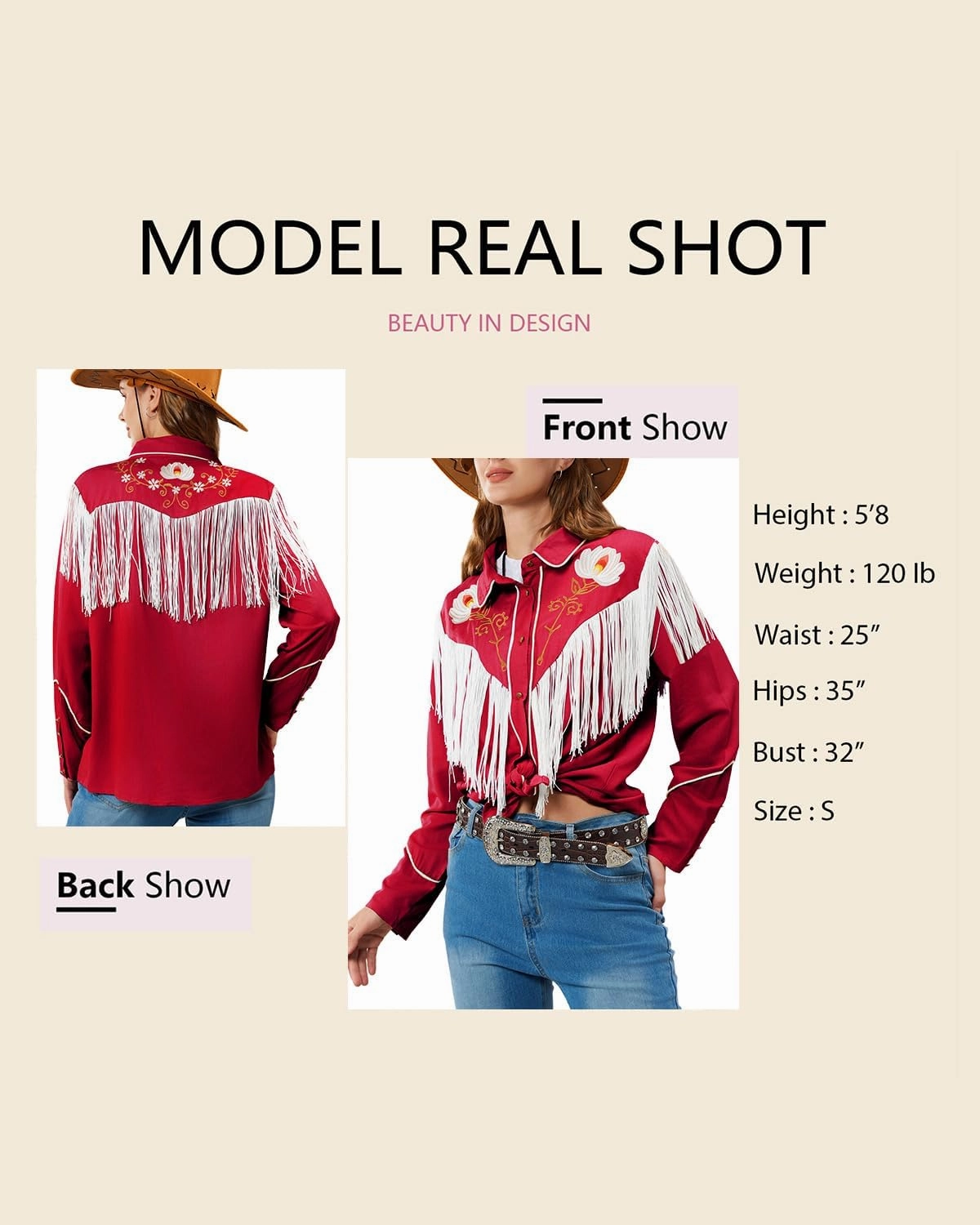 JOHN MOON Women's Floral Embroidered Fringe Western Shirts Rodeo Cowgirl Button Down Blouse Tops Country Style Outfits