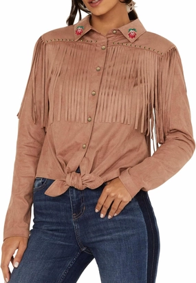 JOHN MOON Womens Suede Fringe Western Long Sleeve Shirt with Studs Embroidered Cowgirl Snap Blouse Tops Country Style Outfits