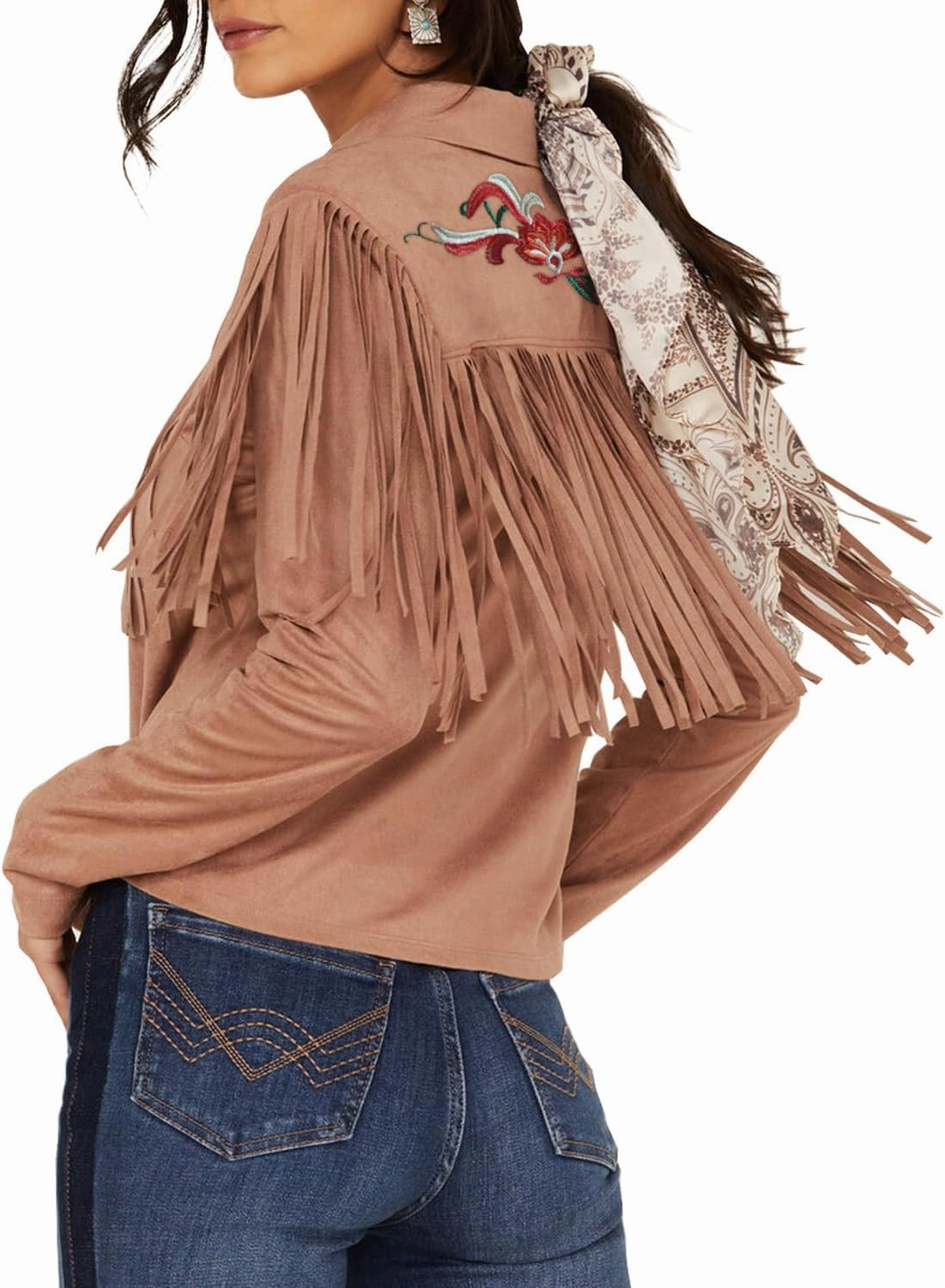 JOHN MOON Womens Suede Fringe Western Long Sleeve Shirt with Studs Embroidered Cowgirl Snap Blouse Tops Country Style Outfits