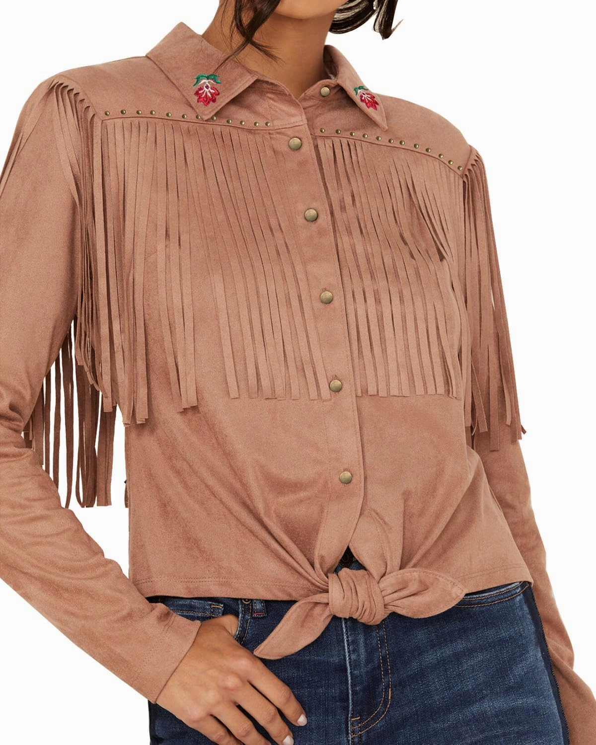JOHN MOON Womens Suede Fringe Western Long Sleeve Shirt with Studs Embroidered Cowgirl Snap Blouse Tops Country Style Outfits