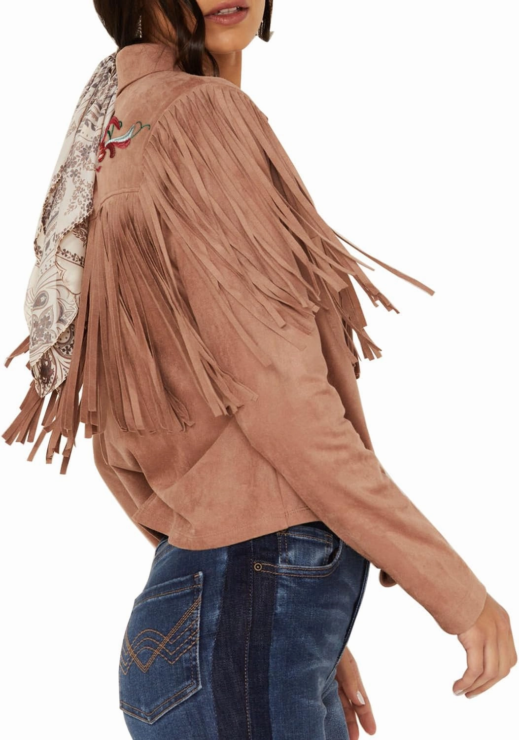 JOHN MOON Womens Suede Fringe Western Long Sleeve Shirt with Studs Embroidered Cowgirl Snap Blouse Tops Country Style Outfits