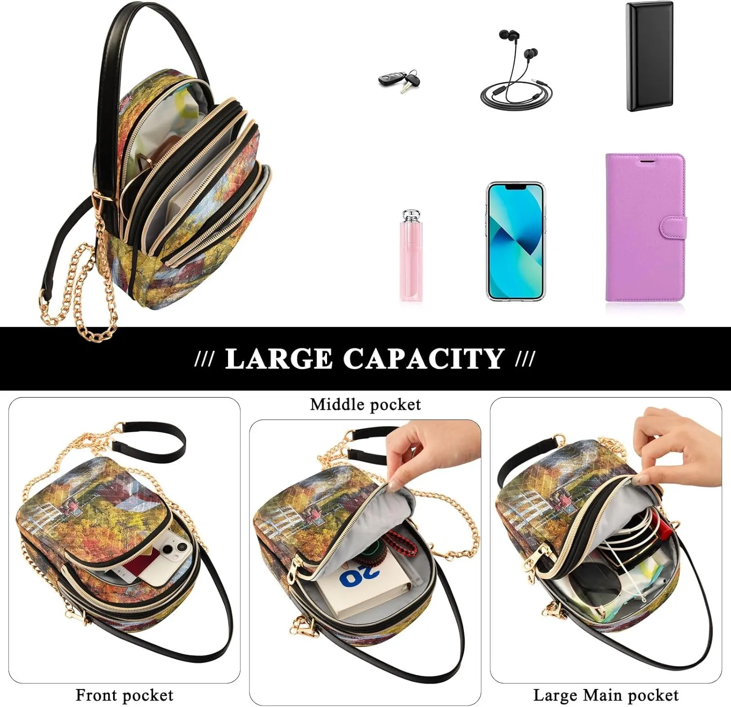 Joisal Rainbow Colored Tree Women Crossbody Bags Triple Zip Women's Shoulder Bag, Womans Purses