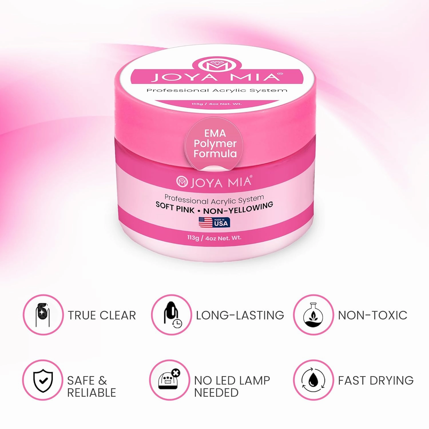 Joya Mia Acrylic Powder for Nails, MMA-Free, Super Adhesion Professional Powder for Flawless & Long-Lasting Nail Enhancements, Easy Application, Vibrant & Stunning Colors - Soft Pink, 4 oz
