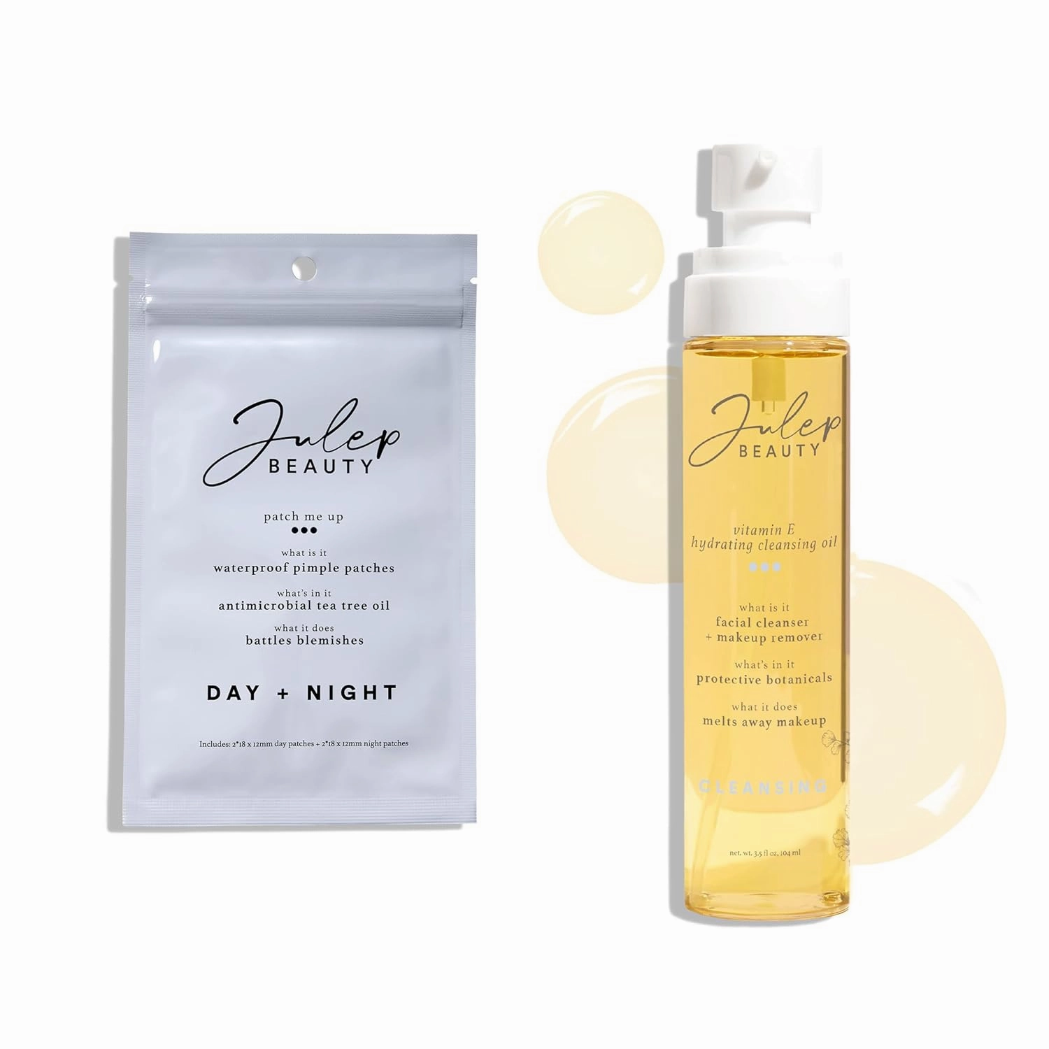 Julep Cleanse & Diminish (2pc set) Patch Me Up Waterproof Pimple Patches 72 pcs Vitamin E Cleansing Oil and Makeup Remover