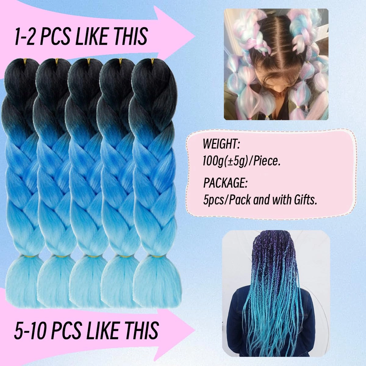 Jumbo Braiding Hair Extensions Braiding Hair Pre Stretched Afro Ombre Multiple Tone Colored Synthetic Hair For Box Twist Braids (24 Inch Black-Blue-Light-Blue)
