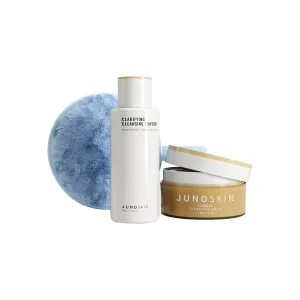 JUNO & Co. THE ULTIMATE CLEANSE Bundle: 10 Ingredients Cleansing Balm, Clarifying Cleansing Powder, and Reusable Makeup Remover Pad Blue