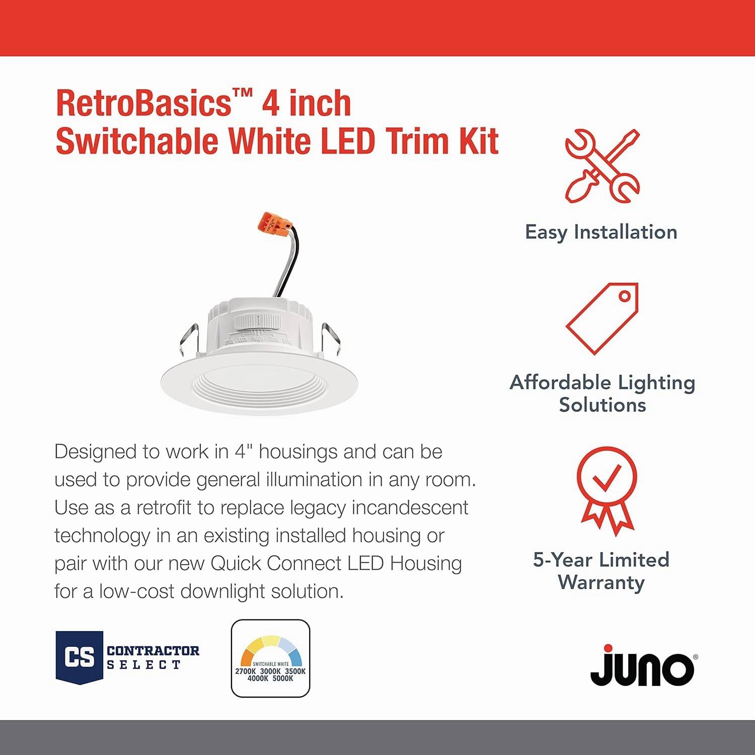 Juno RB4 SWW5 CP6 MW M2 RetroBasics Downlight Trim Kit, Switchable LED White, Baffle Trim, Switchable CCT, 2700K, 3000K, 4000K, and 5000K, 4-Inch, 6-Pack, Matte White