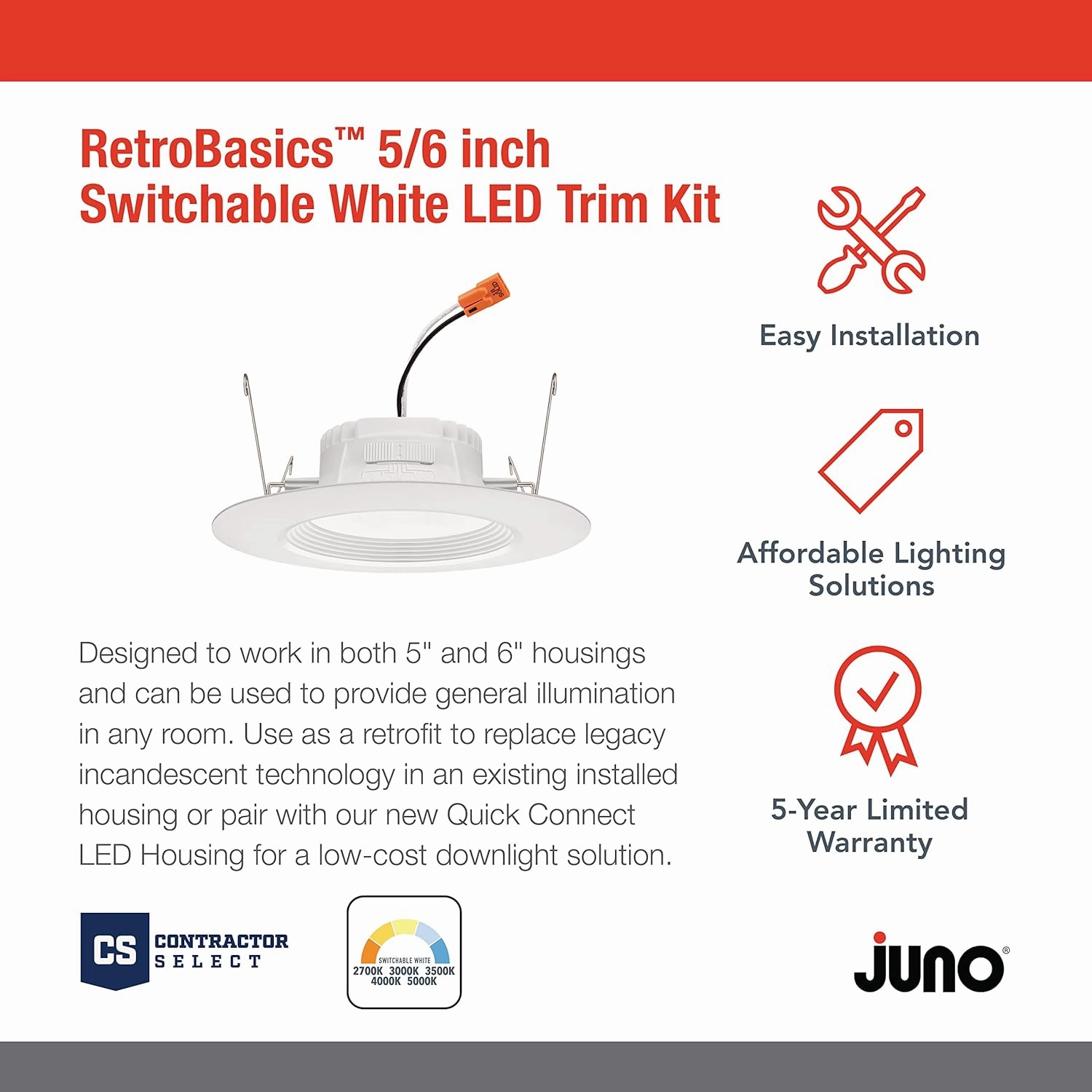 Juno RB56 SWW5 CP6 MW M2 RetroBasics Downlight Trim Kit, Switchable LED White, Baffle Trim, Switchable CCT, 2700K, 3000K, 4000K, and 5000K, 5- to 6-Inch, 6-Pack, Matte White