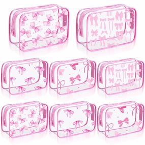 Kacctyen 8 Pcs Pink Bow Makeup Bags Bow Clear Cosmetic Bags Pink Coquette Waterproof Travel Toiletry Pouch for Women Girls Coquette Birthday party favors Travel Storage Accessories