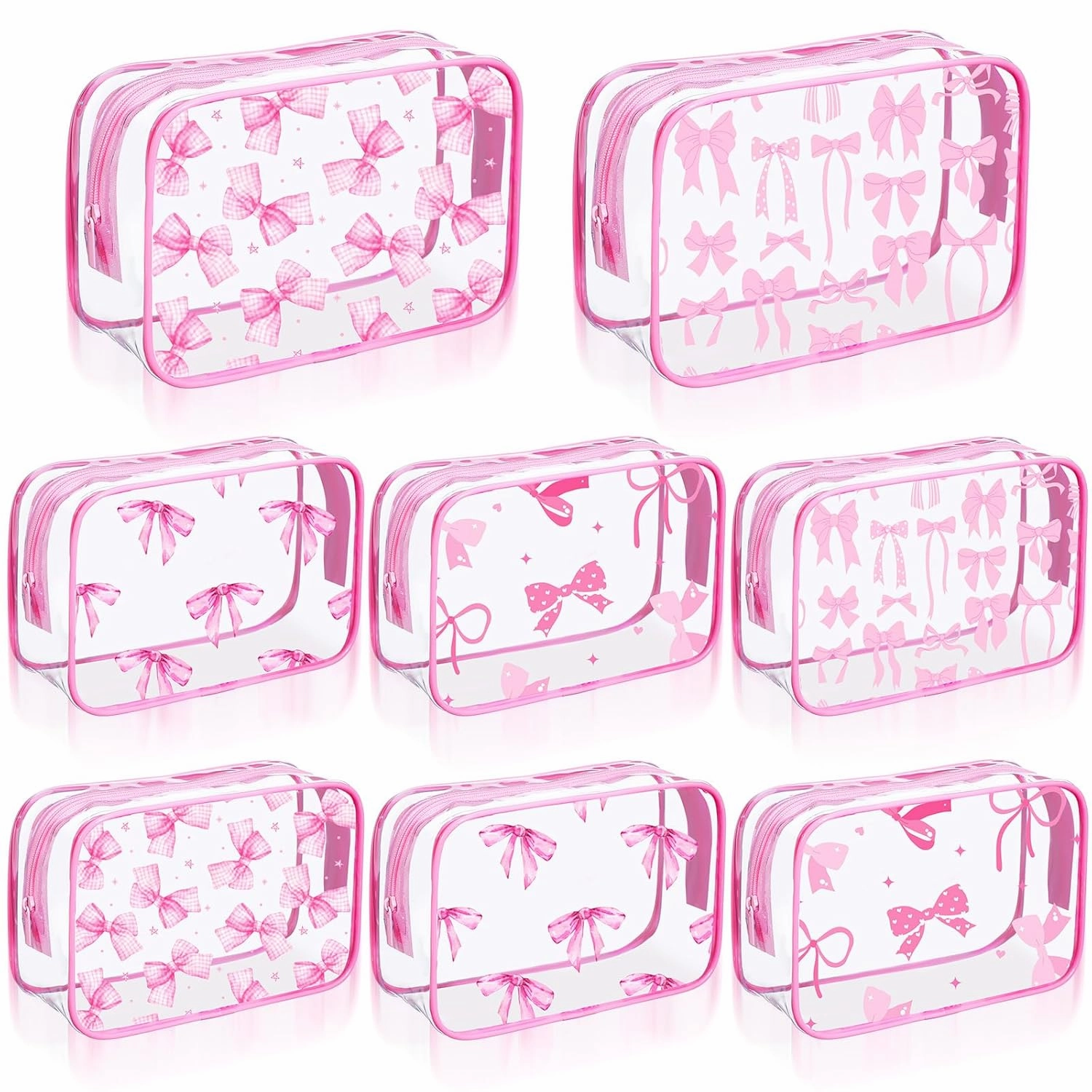 Kacctyen 8 Pcs Pink Bow Makeup Bags Bow Clear Cosmetic Bags Pink Coquette Waterproof Travel Toiletry Pouch for Women Girls Coquette Birthday party favors Travel Storage Accessories