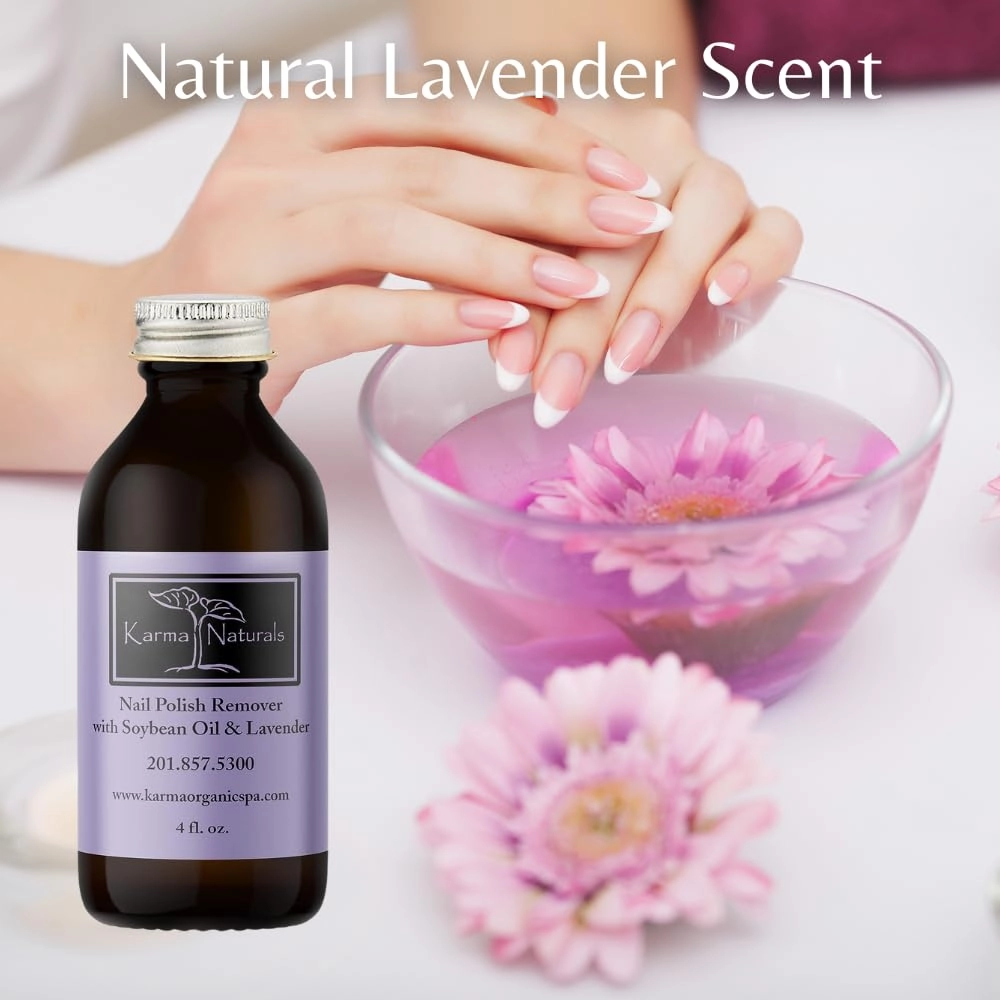 Karma Organic Nail Polish Remover with Soybean Oil and Lavender Oil- Non Toxic, Vegan, Cruelty Free, Acetone Free – Nails Strengthener for Fingernails – 4 fl. Oz