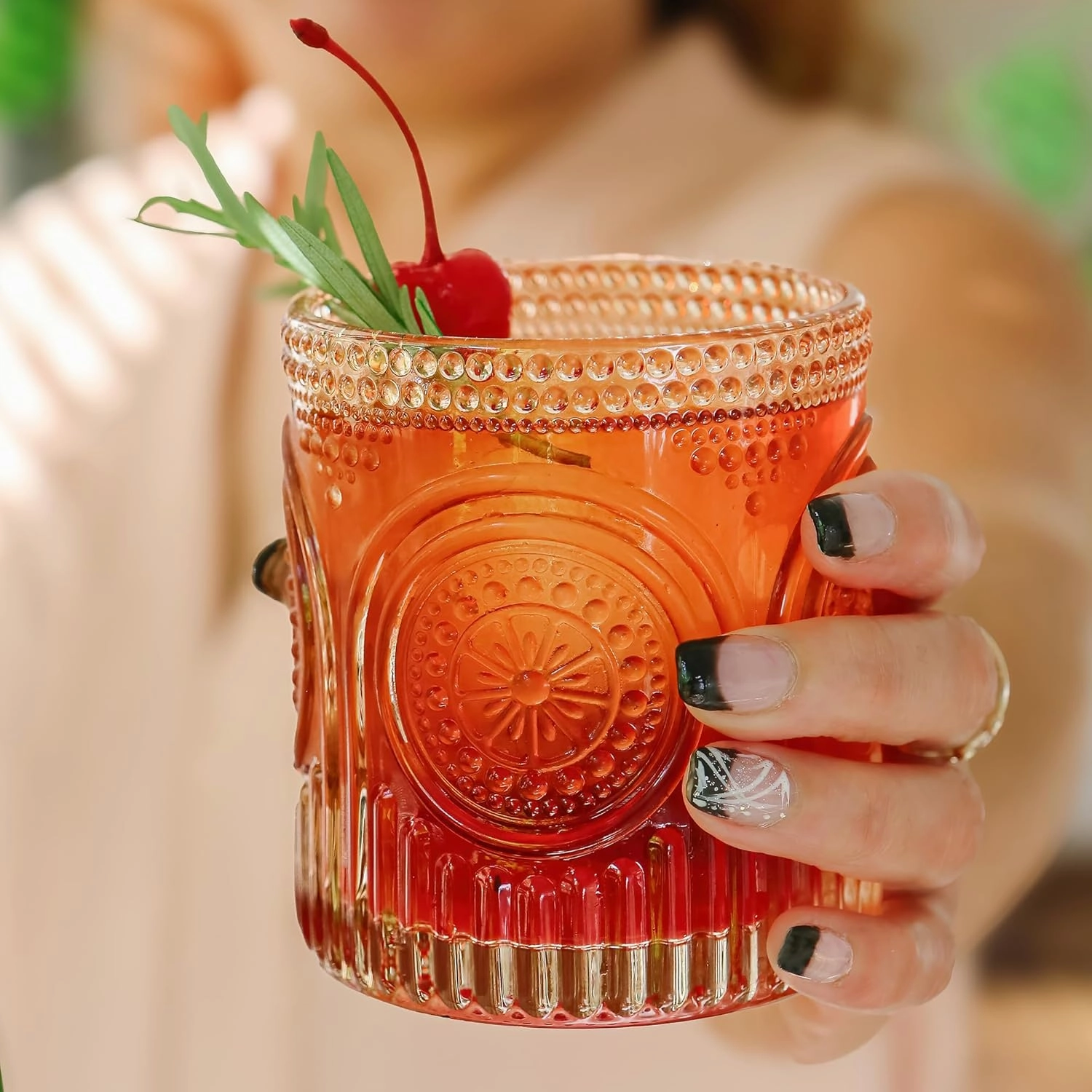 Kate Aspen Ribbed Retro Arch Floral Rose Gold Drinking Glasses Set of 6, (10 oz) Vintage Glassware Set Cocktail Glass Set, Juice Glass, Water Cups | Great Hostess Gift & Gift for New Home Owners