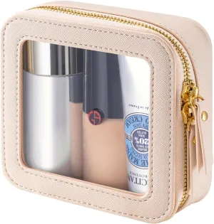 Keains Mini Makeup Bag for Purse - Clear Travel Leather Toiletry Bag with Zipper - Car Organizer Bag - Small Waterproof Cosmetic Organizer Case for On-the-Go Essentials (Off White)