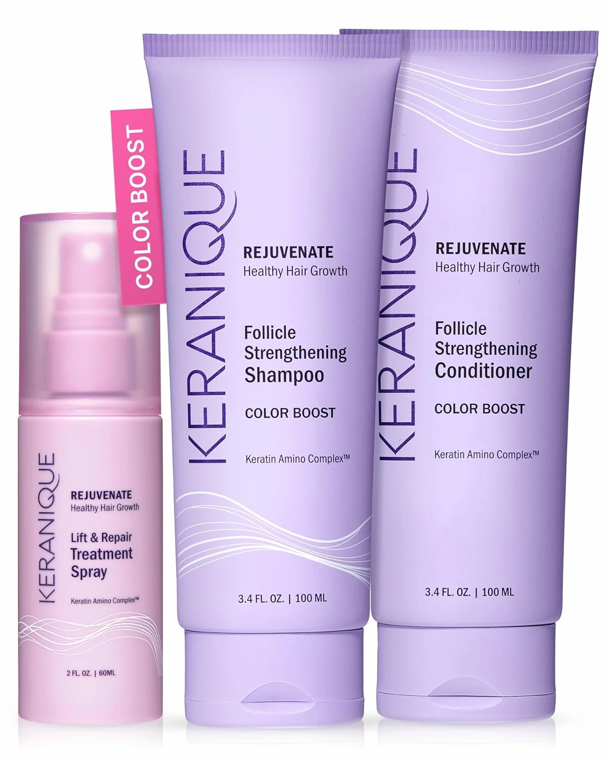 Keranique Color Treated Shampoo and Conditioner Set with Hair Thickening Spray - Keratin Enriched Color Boost Set w/Shampoo & Conditioner and Lift & Repair Spray for Women w/Fine, Thin, Colored Hair