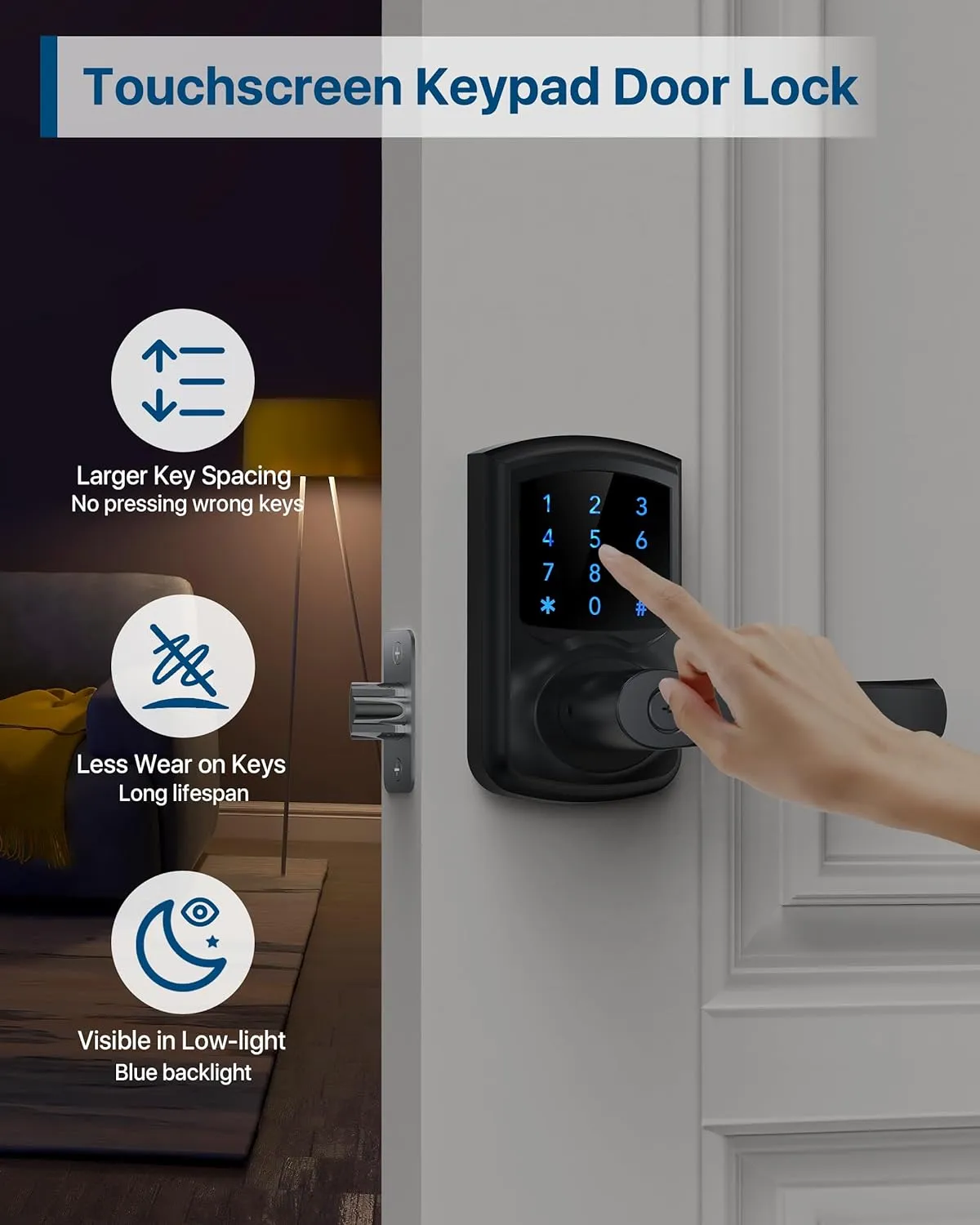Keyless Entry Door Lock, Keypad Door-Lock with Handle, Touchscreen, Auto-Locking, Anti-peep Password, Easy to Install for Front Door, Home, Office, Matte Black 2 Pack
