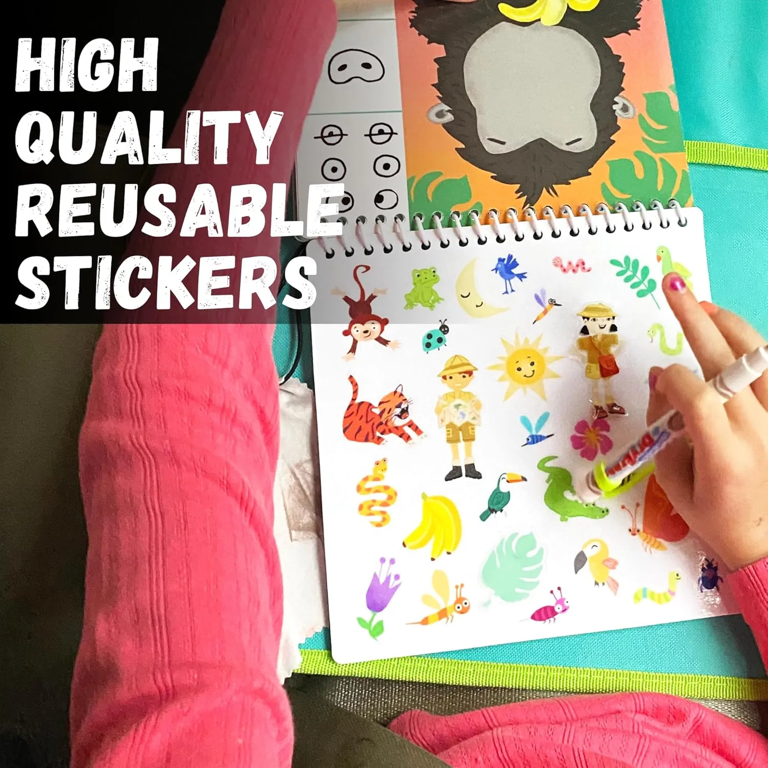 Kids Travel Educational Activity Book with Washable Markers - Car and Airplane Activities, Learning Toys for Toddlers- Reusable Stickers for Ages 4, 5, 6 (Ocean & Extra Jungle Book)