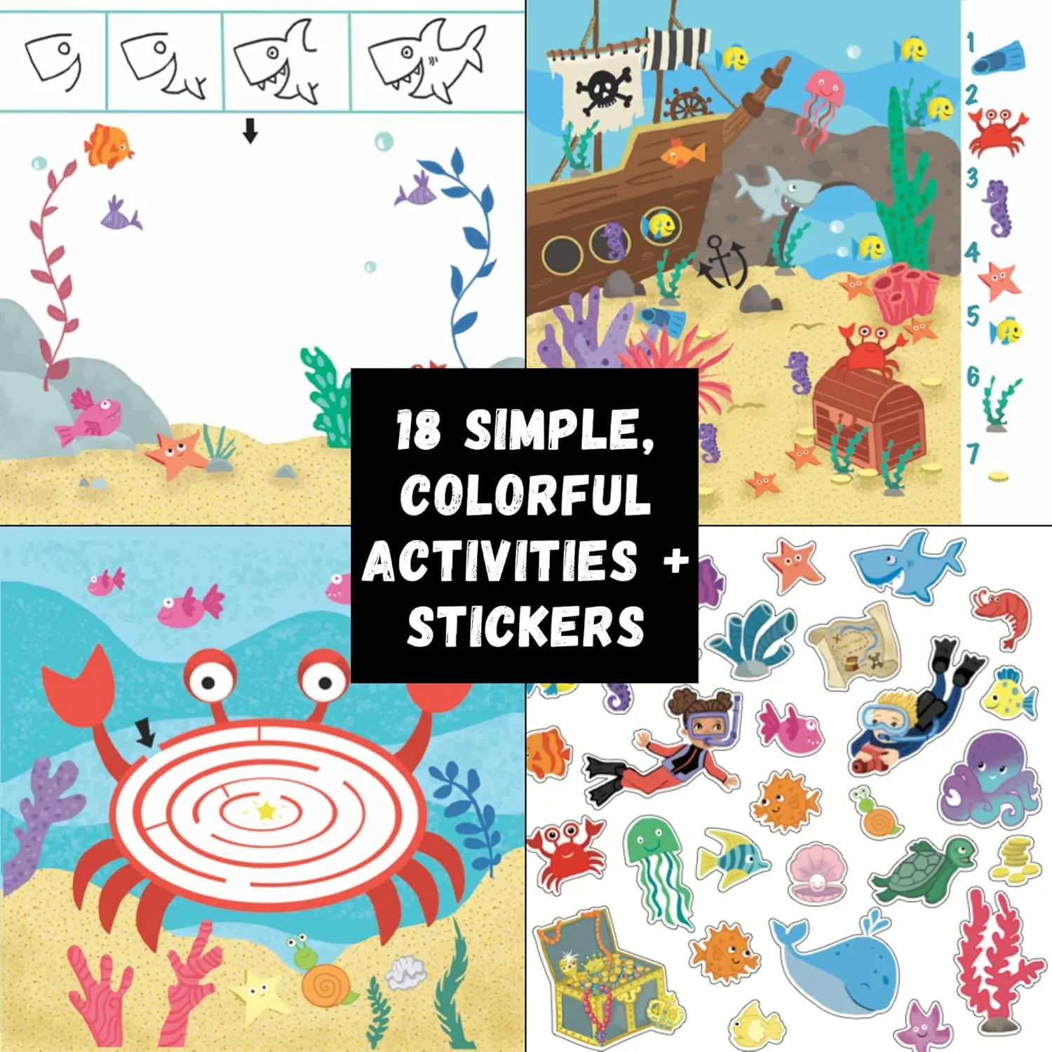 Kids Travel Educational Activity Book with Washable Markers - Car and Airplane Activities, Learning Toys for Toddlers- Reusable Stickers for Ages 4, 5, 6 (Ocean & Extra Jungle Book)