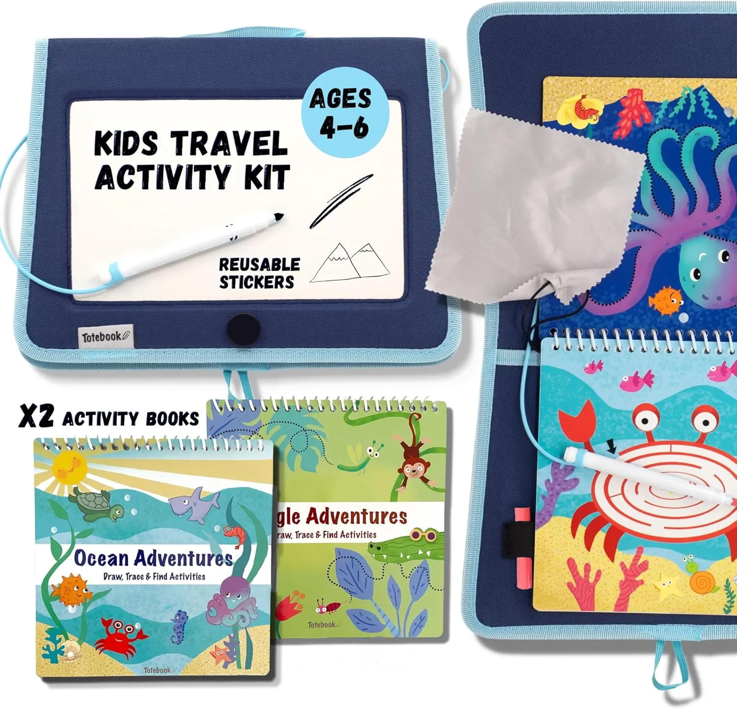 Kids Travel Educational Activity Book with Washable Markers - Car and Airplane Activities, Learning Toys for Toddlers- Reusable Stickers for Ages 4, 5, 6 (Ocean & Extra Jungle Book)