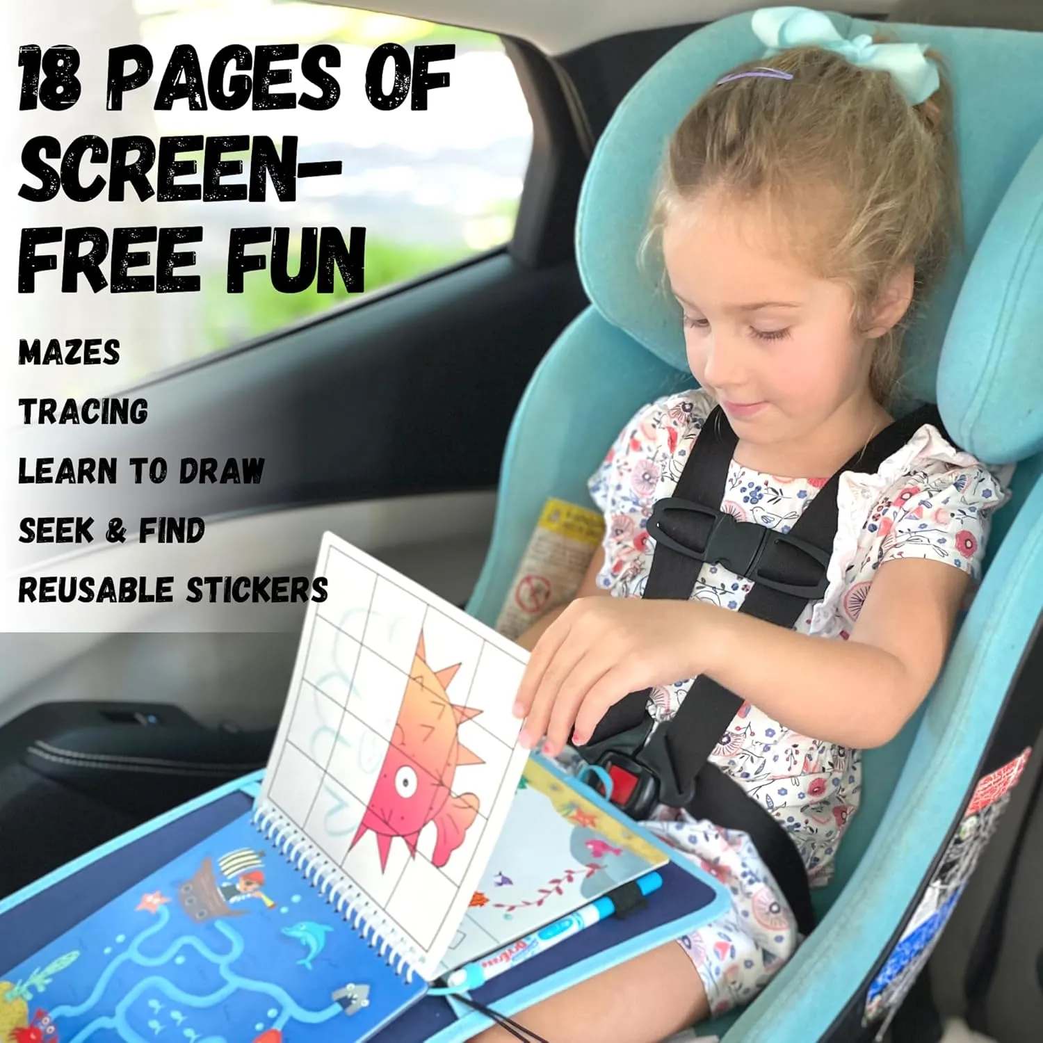 Kids Travel Educational Activity Book with Washable Markers - Car and Airplane Activities, Learning Toys for Toddlers- Reusable Stickers for Ages 4, 5, 6 (Ocean & Extra Jungle Book)