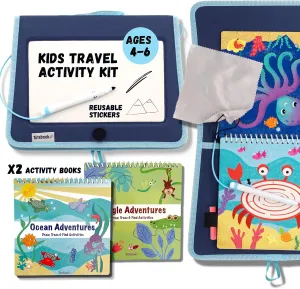Kids Travel Educational Activity Book with Washable Markers - Car and Airplane Activities, Learning Toys for Toddlers- Reusable Stickers for Ages 4, 5, 6 (Ocean & Extra Jungle Book)