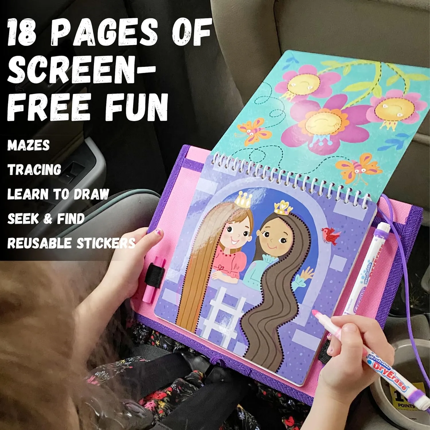 Kids Travel Educational Activity Book with Washable Markers - Car and Airplane Activities, Learning Toys for Toddlers- Reusable Stickers for Ages 4, 5, 6 (Princess & Extra Jungle Book)