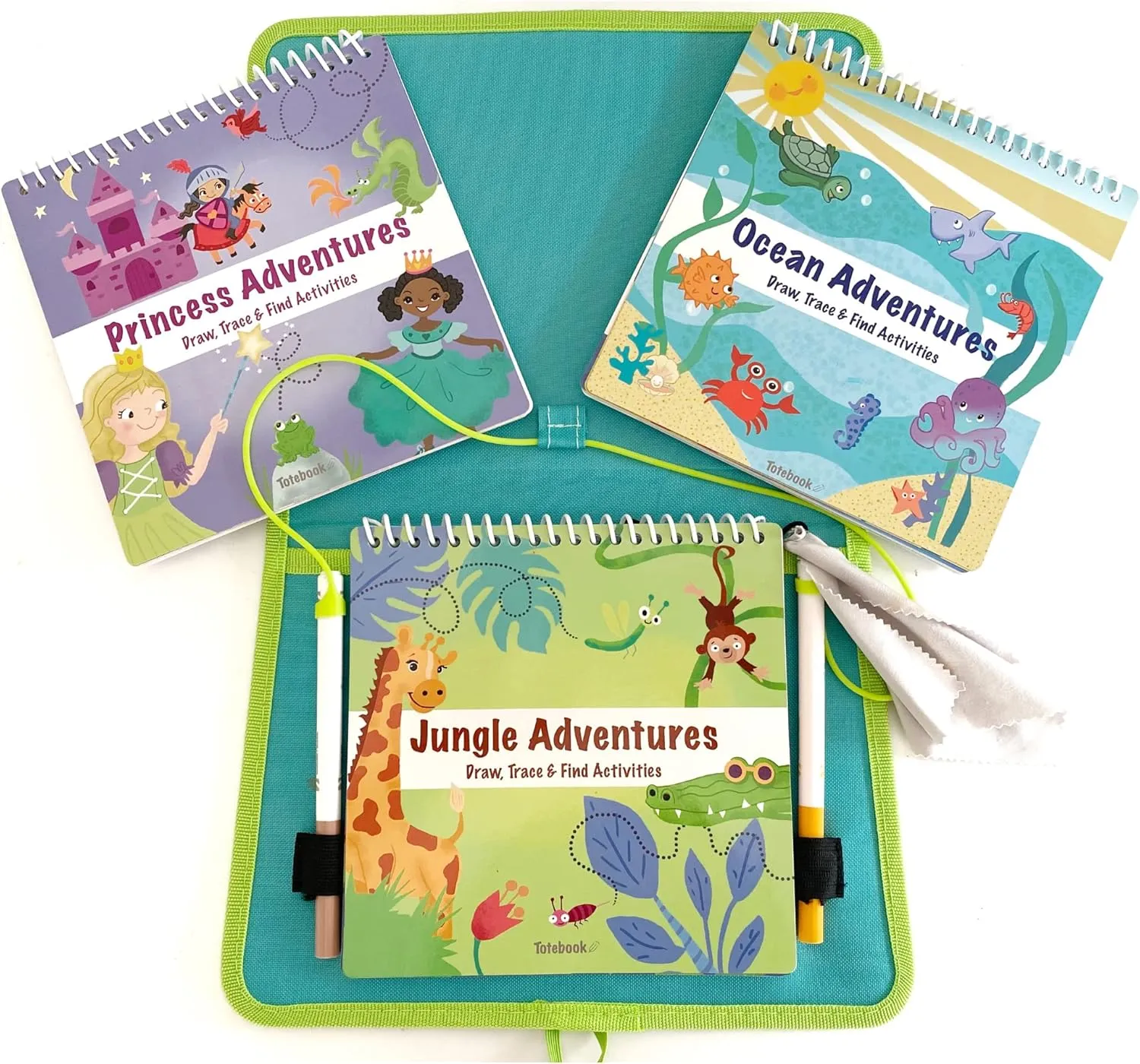 Kids White Board Dry Erase Activity Book Bundle with 2 Extra Activity Books for Kids Ages 4-7, Screen Free Coloring, Drawing, Mazes - Tethered Washable Markers, Reusable Stickers (Jungle)