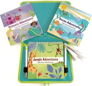 Kids White Board Dry Erase Activity Book Bundle with 2 Extra Activity Books for Kids Ages 4-7, Screen Free Coloring, Drawing, Mazes - Tethered Washable Markers, Reusable Stickers (Jungle)