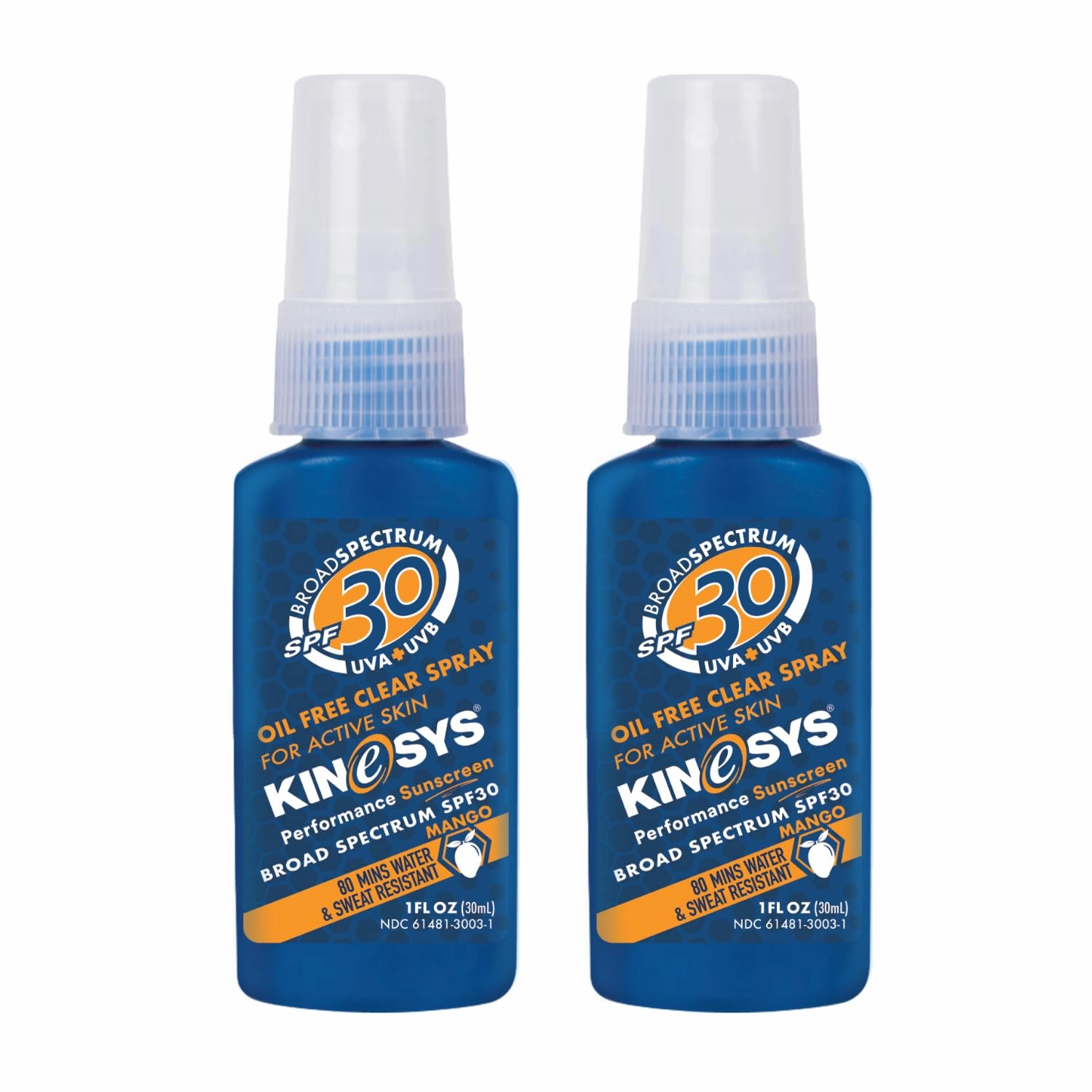 KINeSYS Lightly Mango Scented Clear Spray Sunscreen, SPF 30, Hypoallergenic, Broad Spectrum UVA/UVB protection for Face & Body; Alcohol, PABA & Oxybenzone FREE, Vegan, 170  Sprays, 1 fl oz (Pack of 2)