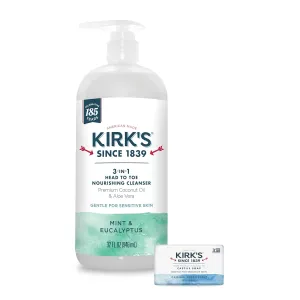 Kirk's 3-in-1 Head to Toe Nourishing Liquid Cleanser & Travel Size Bar Soap - for Men, Women & Children - Premium Coconut Oil & Aloe Vera- Non GMO & Vegan -Mint & Eucalyptus - 32 Fl Oz