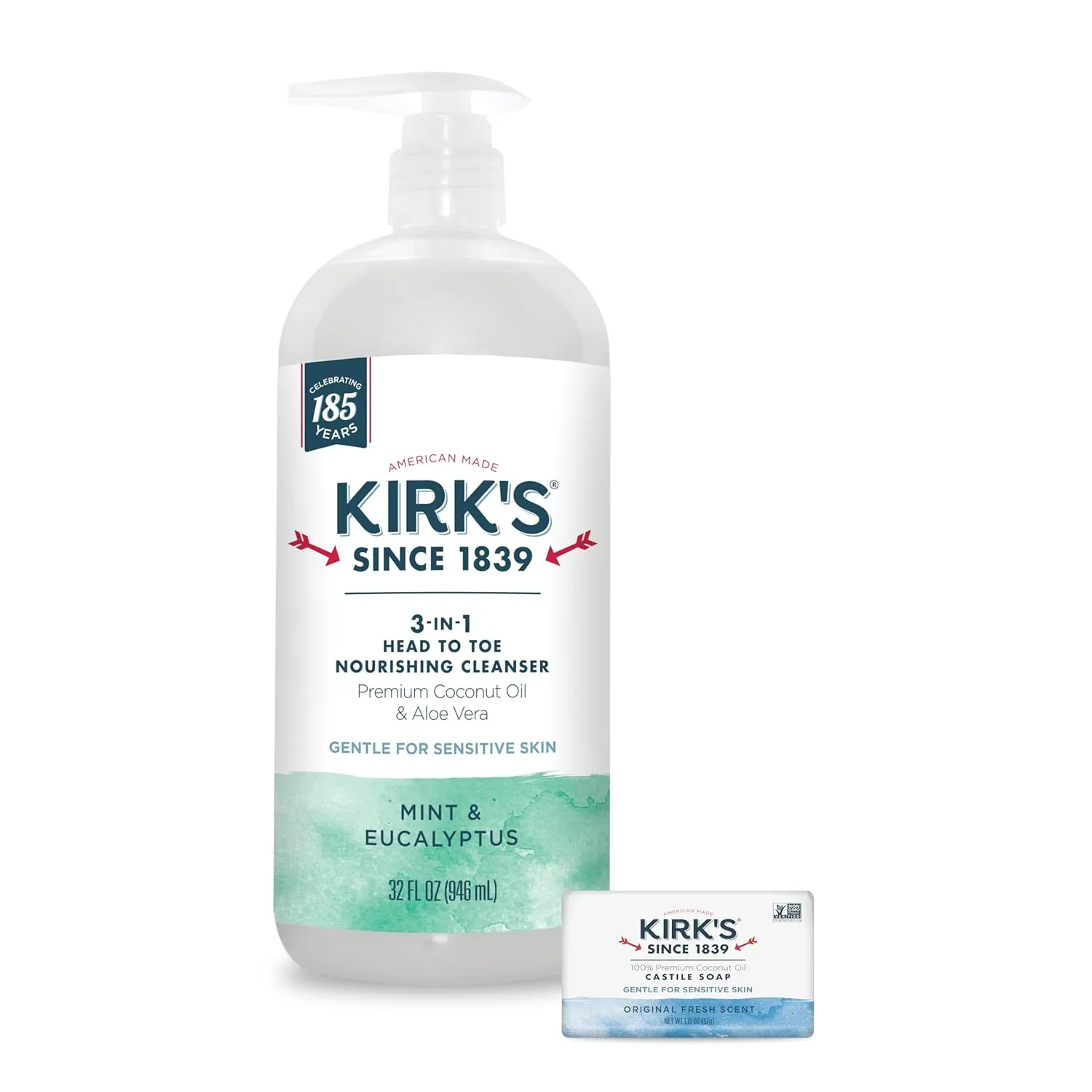 Kirk's 3-in-1 Head to Toe Nourishing Liquid Cleanser & Travel Size Bar Soap - for Men, Women & Children - Premium Coconut Oil & Aloe Vera- Non GMO & Vegan -Mint & Eucalyptus - 32 Fl Oz
