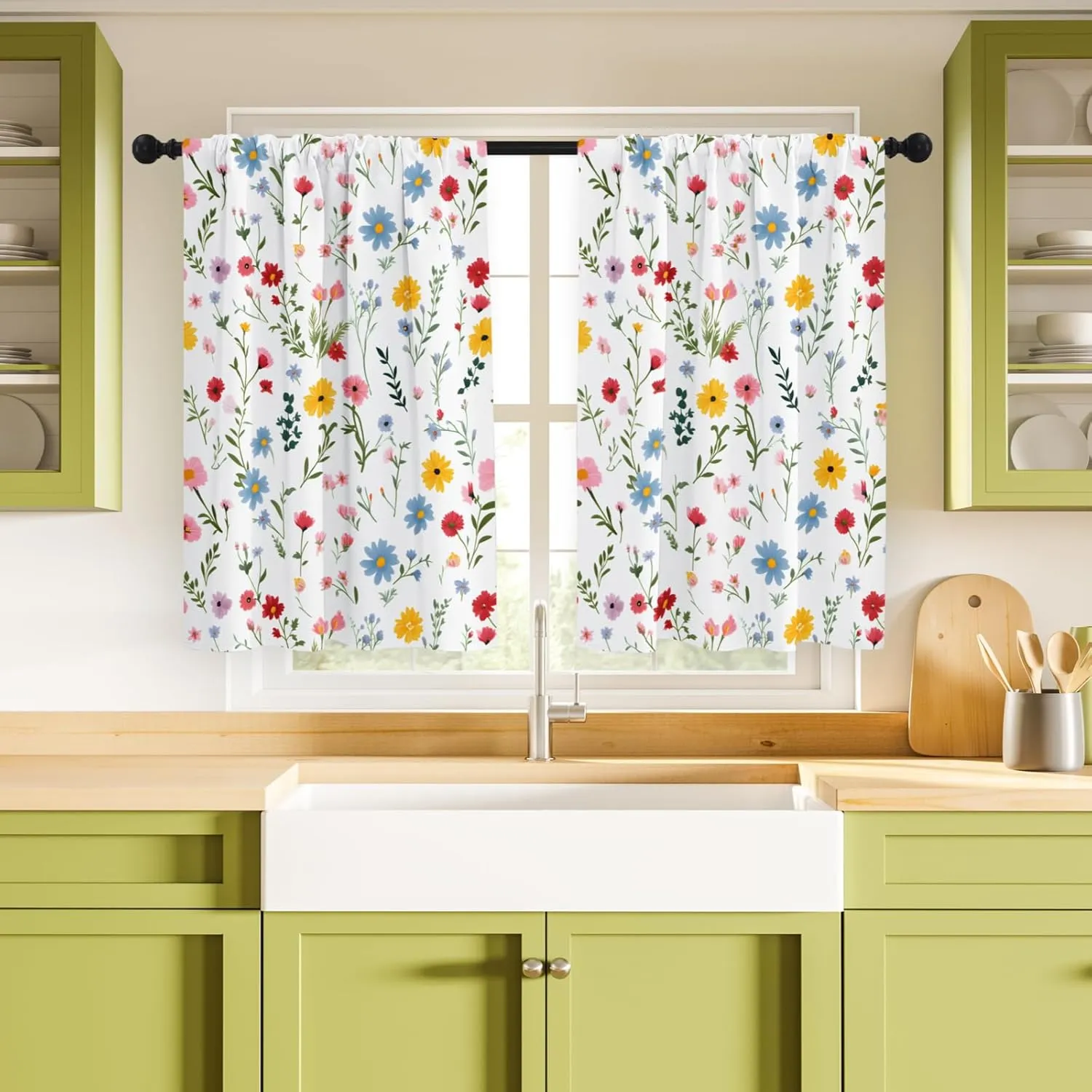Kitchen Curtains (2 Pcs) Over Sink for Bathroom Window Cafe Basement Cortinas para Cocina Farmhouse Short Mini Curtain Flower Floral White Summer Elegant Country Rustic Modern Cute - 26×45"