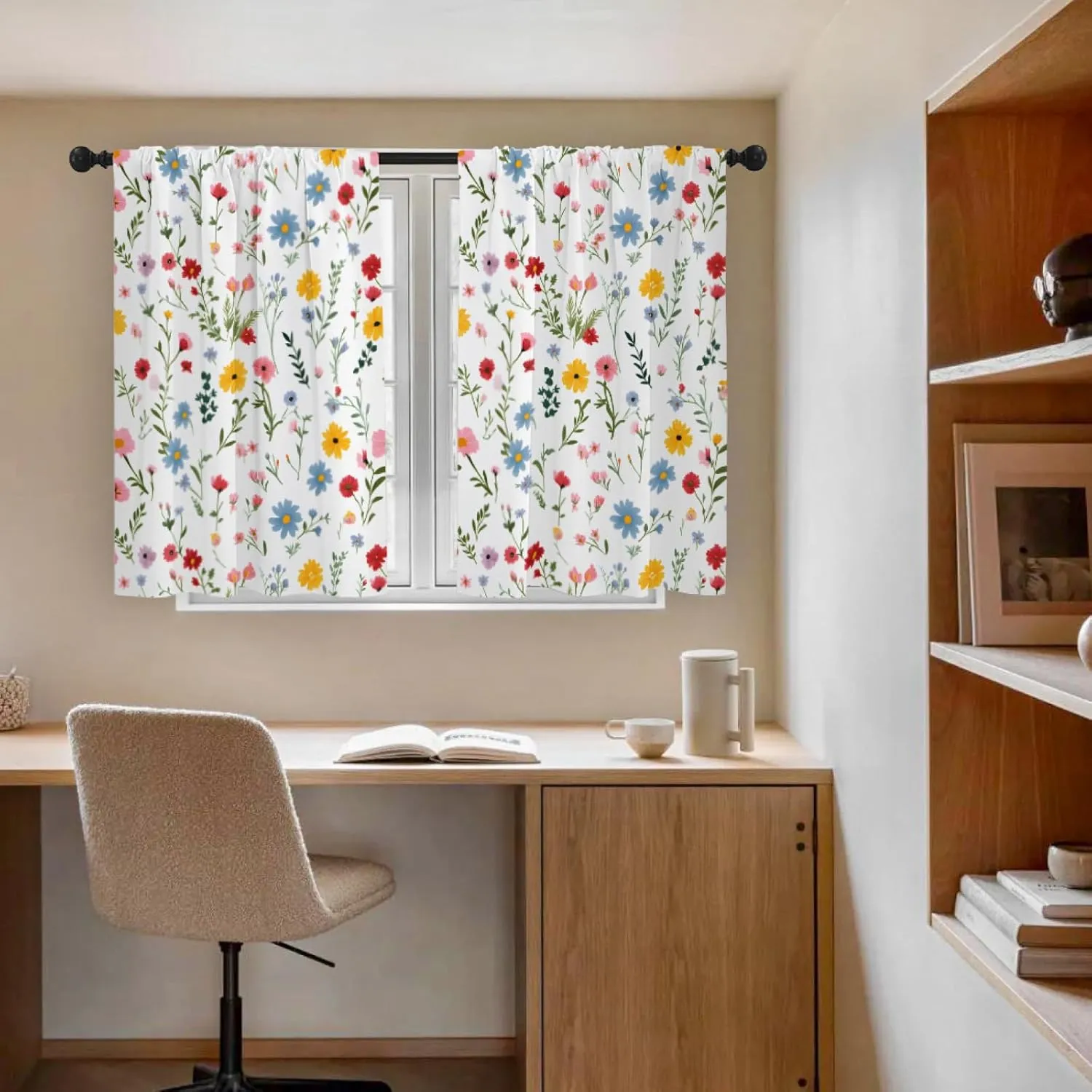 Kitchen Curtains (2 Pcs) Over Sink for Bathroom Window Cafe Basement Cortinas para Cocina Farmhouse Short Mini Curtain Flower Floral White Summer Elegant Country Rustic Modern Cute - 26×45"