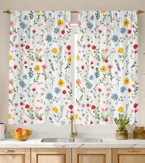Kitchen Curtains (2 Pcs) Over Sink for Bathroom Window Cafe Basement Cortinas para Cocina Farmhouse Short Mini Curtain Flower Floral White Summer Elegant Country Rustic Modern Cute - 26×45"