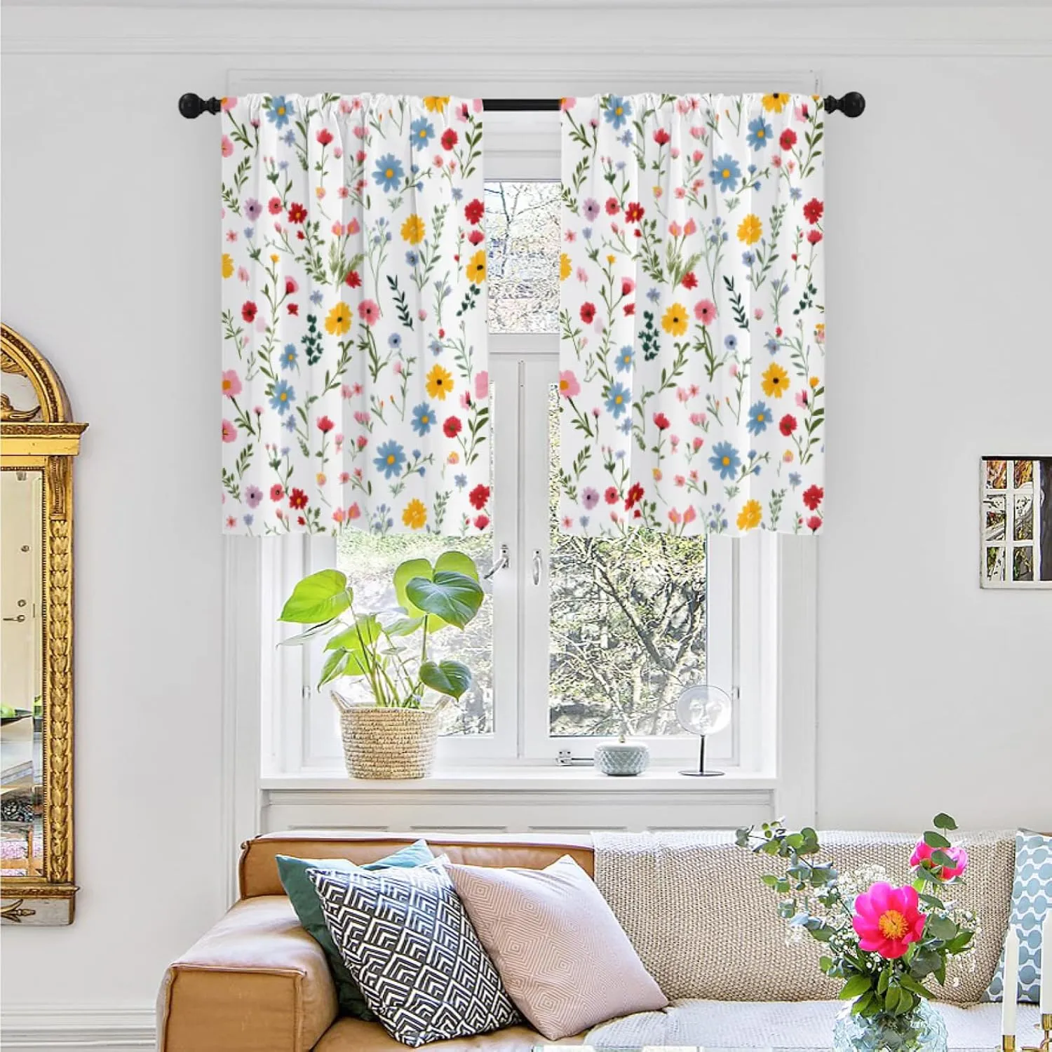 Kitchen Curtains (2 Pcs) Over Sink for Bathroom Window Cafe Basement Cortinas para Cocina Farmhouse Short Mini Curtain Flower Floral White Summer Elegant Country Rustic Modern Cute - 26×45"