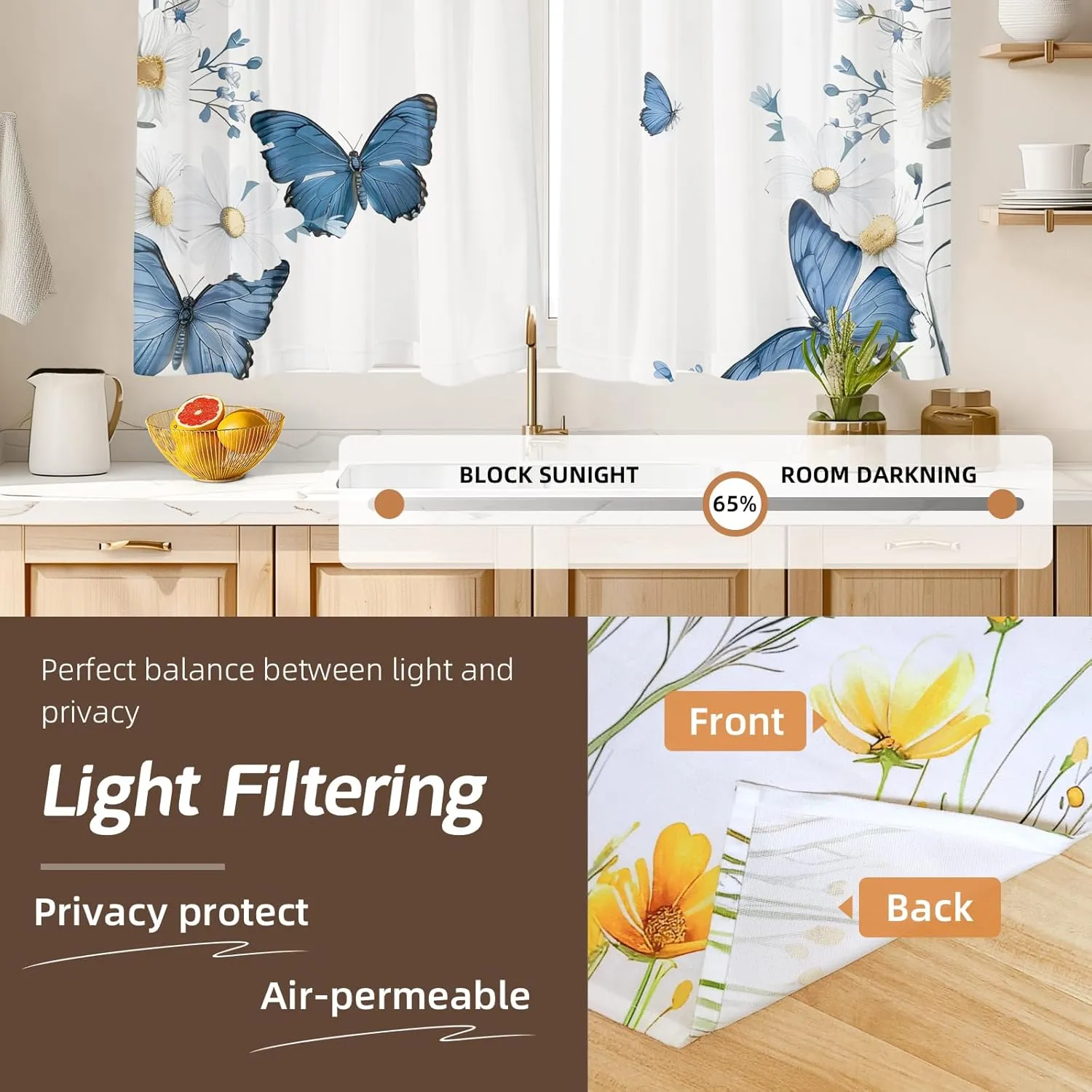 Kitchen Curtains (2 Pcs) Over Sink for Bathroom Window Cafe Basement Cortinas para Cocina Farmhouse Short Mini Curtain Flower Floral White Summer Elegant Country Rustic Modern Cute - 26×45"