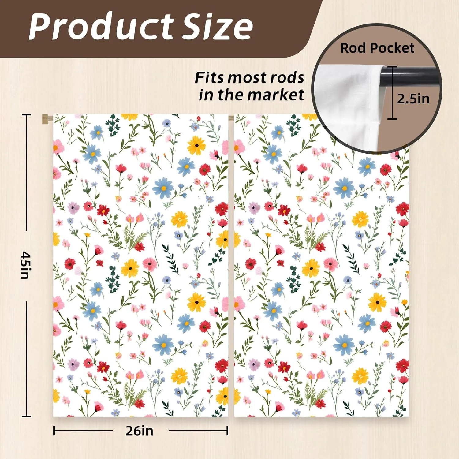 Kitchen Curtains (2 Pcs) Over Sink for Bathroom Window Cafe Basement Cortinas para Cocina Farmhouse Short Mini Curtain Flower Floral White Summer Elegant Country Rustic Modern Cute - 26×45"