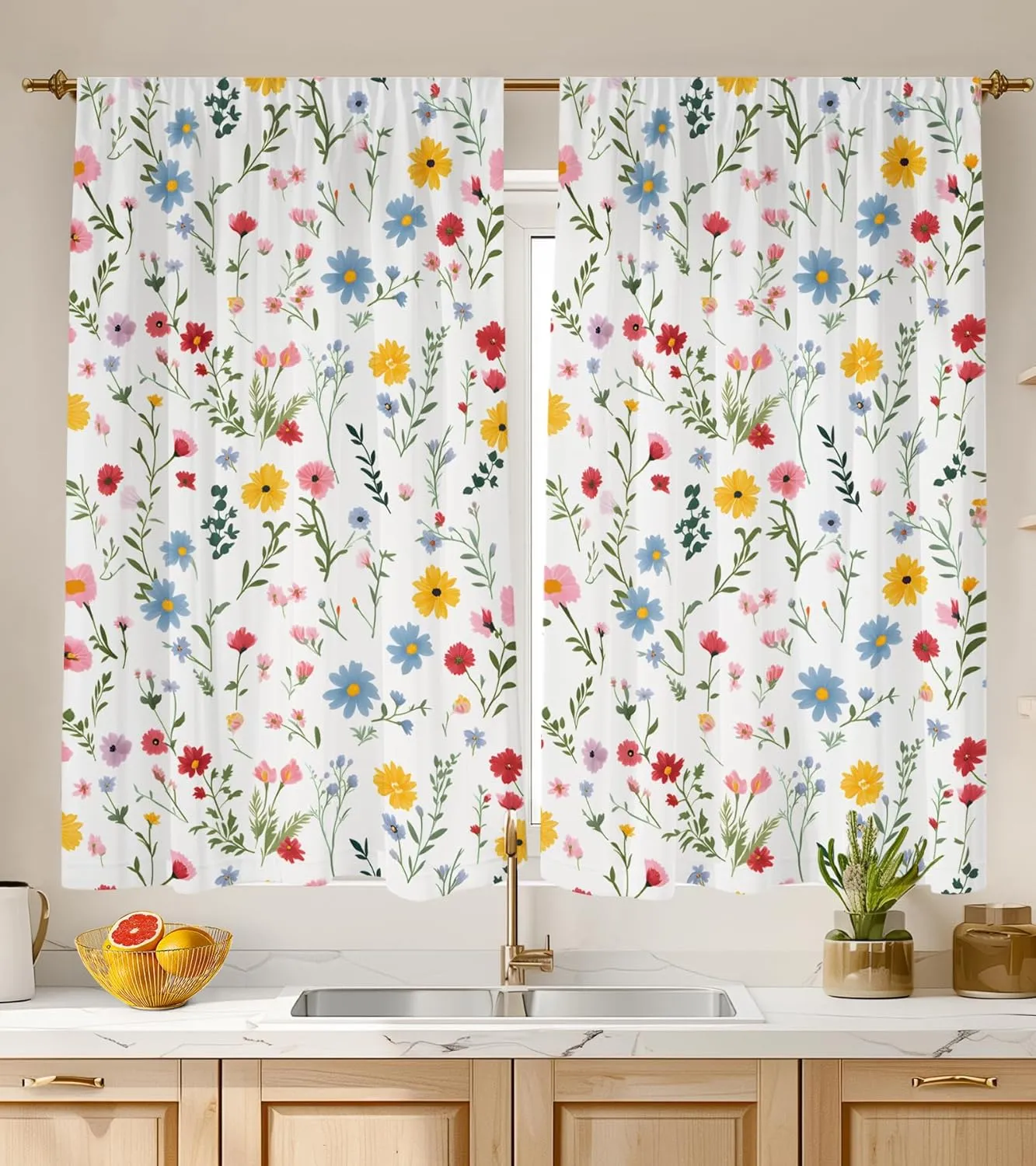 Kitchen Curtains (2 Pcs) Over Sink for Bathroom Window Cafe Basement Cortinas para Cocina Farmhouse Short Mini Curtain Flower Floral White Summer Elegant Country Rustic Modern Cute - 26×45"