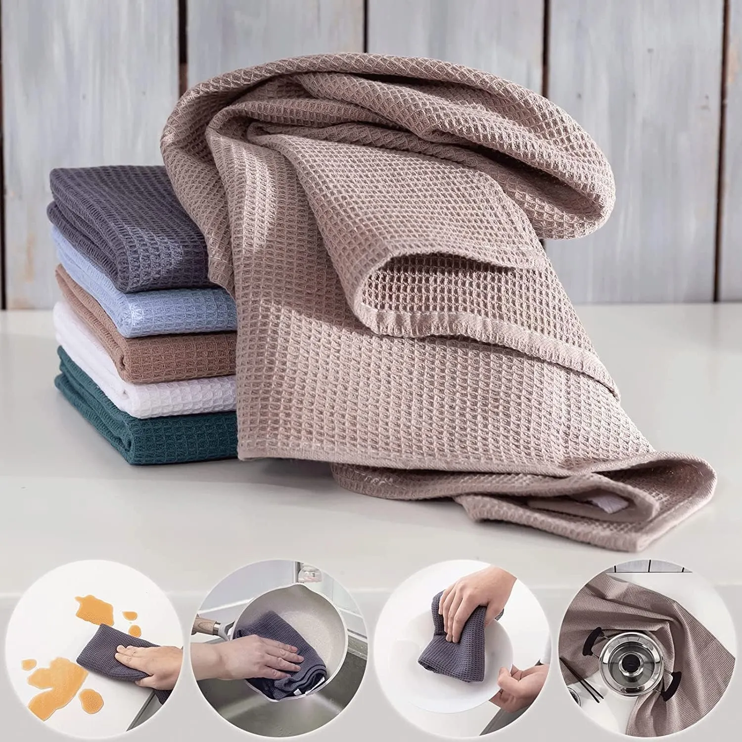 Kitchen Towels 100% Cotton Absorbent Dish Towels Set, Waffle Weave Hand Towels, Ultra Soft Dish Drying Towels, Quick Drying Dish Towel - 17 x 25 Inches, 12 Pack, 17x25IN