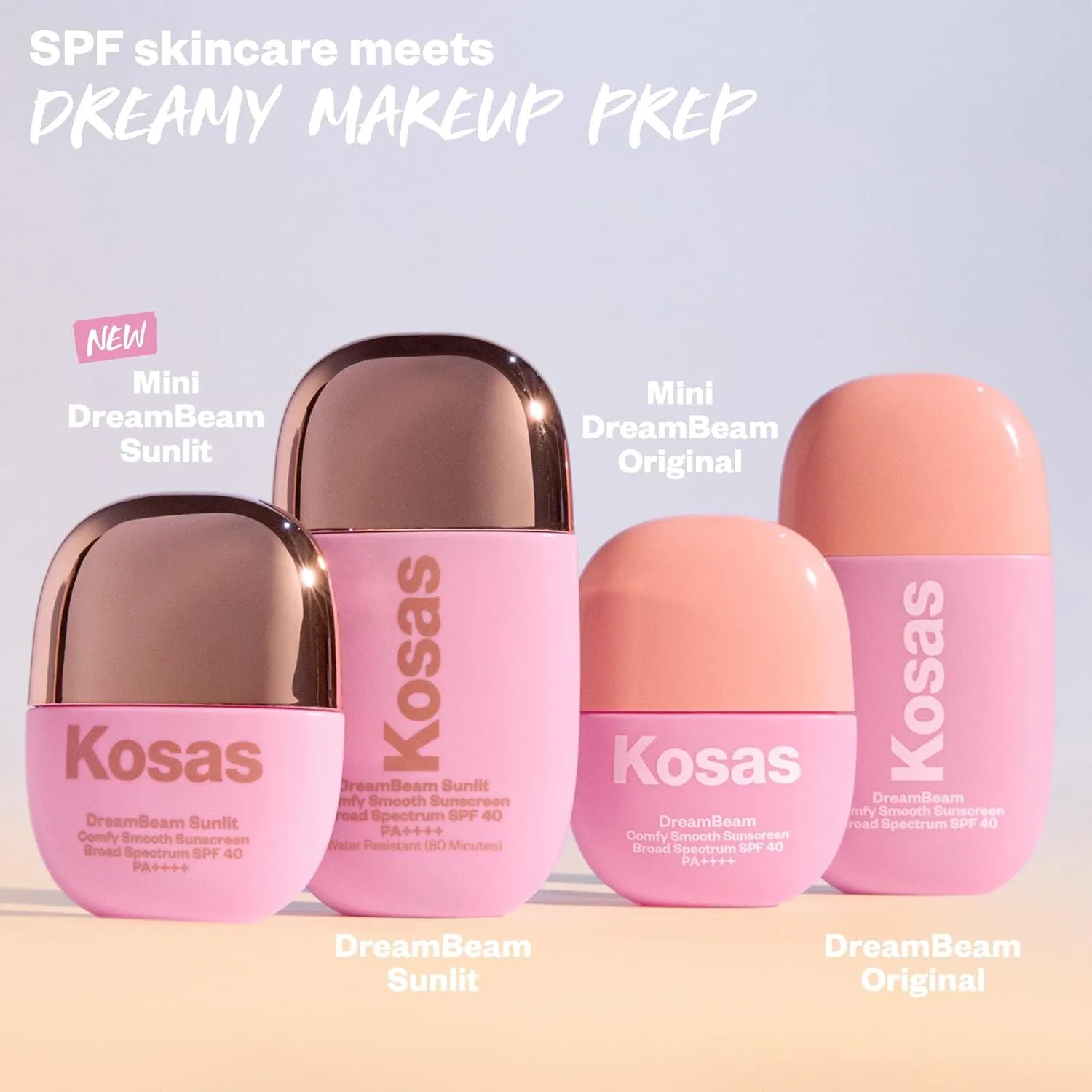Kosas Mini DreamBeam Water Resistant Sunscreen SPF 40, Travel Size Face Sunscreen - Lightweight Makeup Base w/Hyaluronic Acid, Ceramides & Peptides - Golden Glow, Sunlit, 15ml