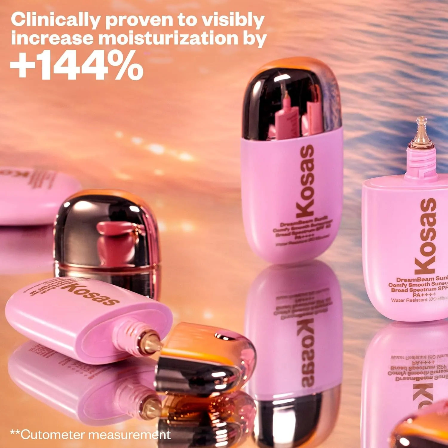 Kosas Mini DreamBeam Water Resistant Sunscreen SPF 40, Travel Size Face Sunscreen - Lightweight Makeup Base w/Hyaluronic Acid, Ceramides & Peptides - Golden Glow, Sunlit, 15ml