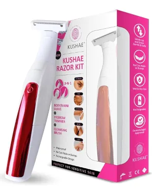 Kushae 3-in-1 Razor Kit for Women - Female Shaving Razor - Eyebrow Trimming Tool - Waterproof Cleansing Device - Rechargeable Hair Removal Trimmer for Legs, Bikini, Underarms, Face & Hands