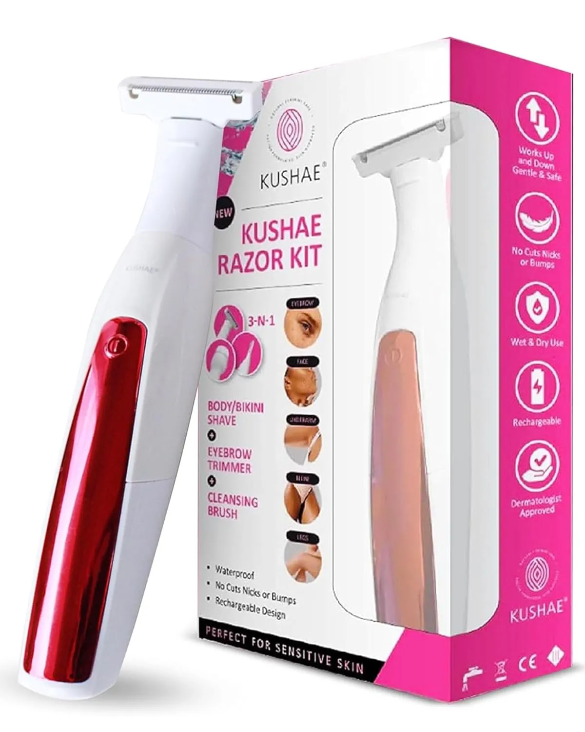 Kushae 3-in-1 Razor Kit for Women - Female Shaving Razor - Eyebrow Trimming Tool - Waterproof Cleansing Device - Rechargeable Hair Removal Trimmer for Legs, Bikini, Underarms, Face & Hands