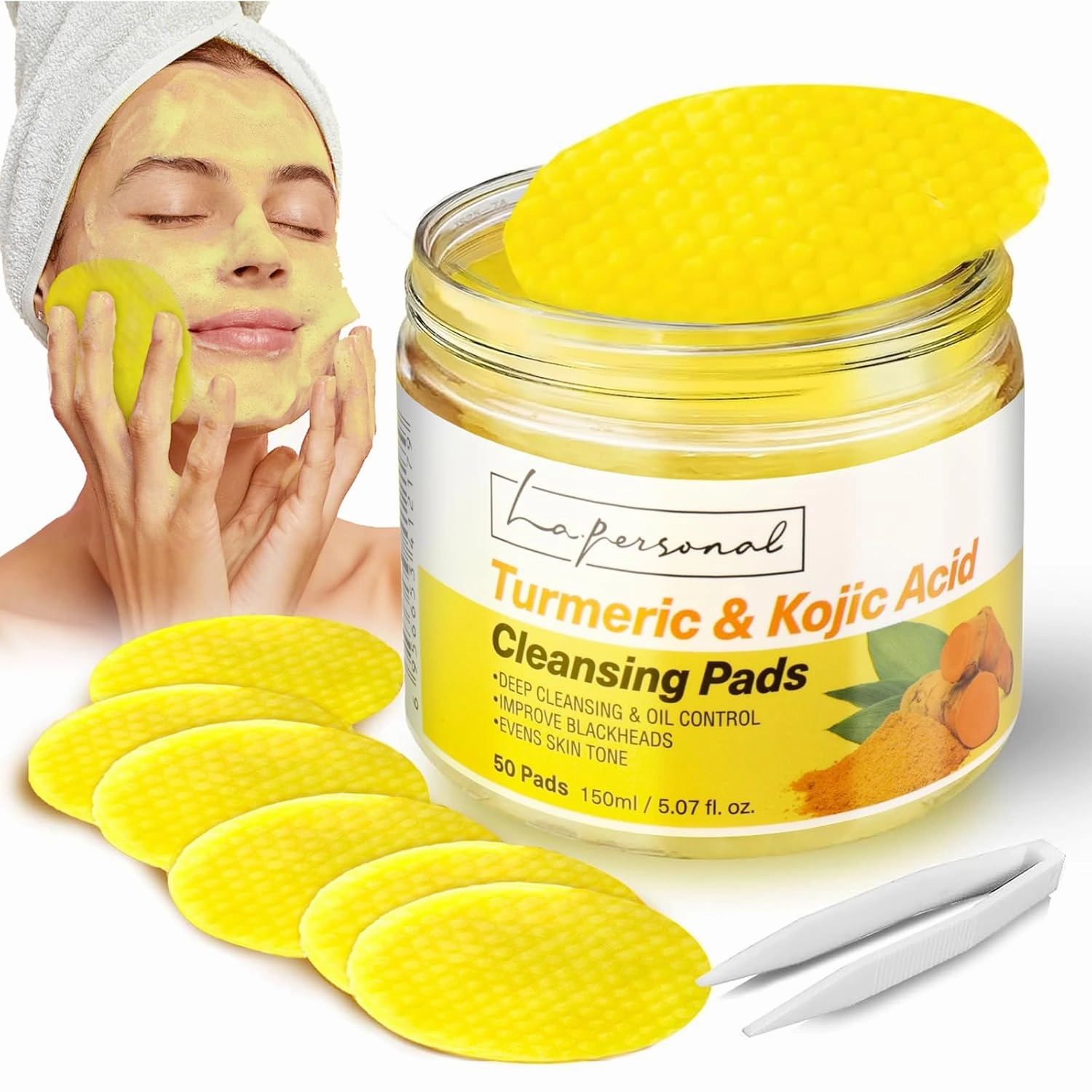LA.PERSONAL Turmeric & Kojic Acid Cleansing Pads – 3-in-1 Deep Pore Cleanser & Makeup Remover & Gentle Exfoliation for Blackheads, with Ginger Root Oil & Amino Acids, for Face and Body - 50 Pcs