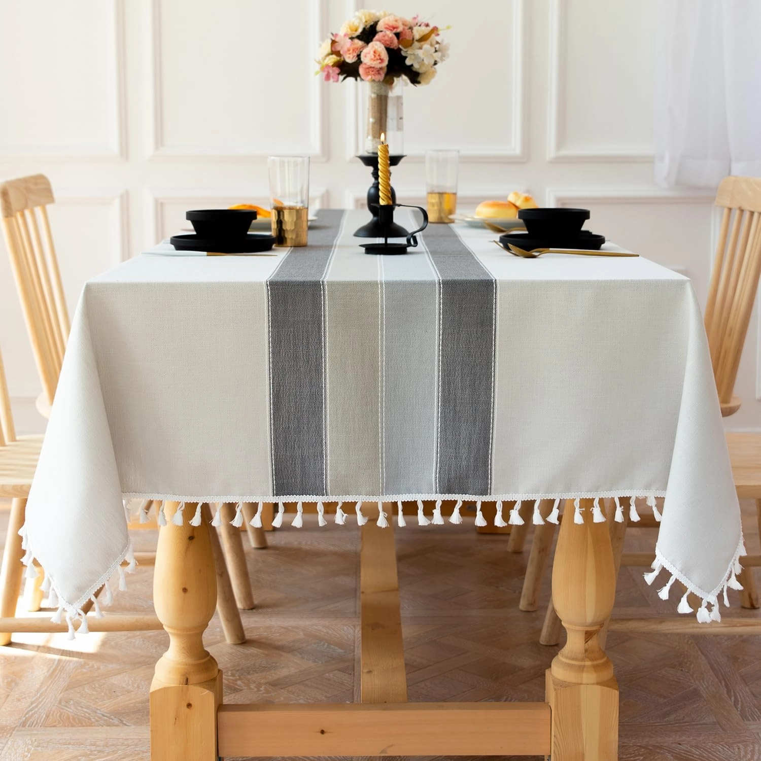 Laolitou Rustic Tablecloth Cotton Linen Waterproof Tablecloths Burlap Table Cloths for Kitchen Dining Cloth Table Cloth for Rectangle Tables Light Grey Stripes Square,55"x 55",4 Seats
