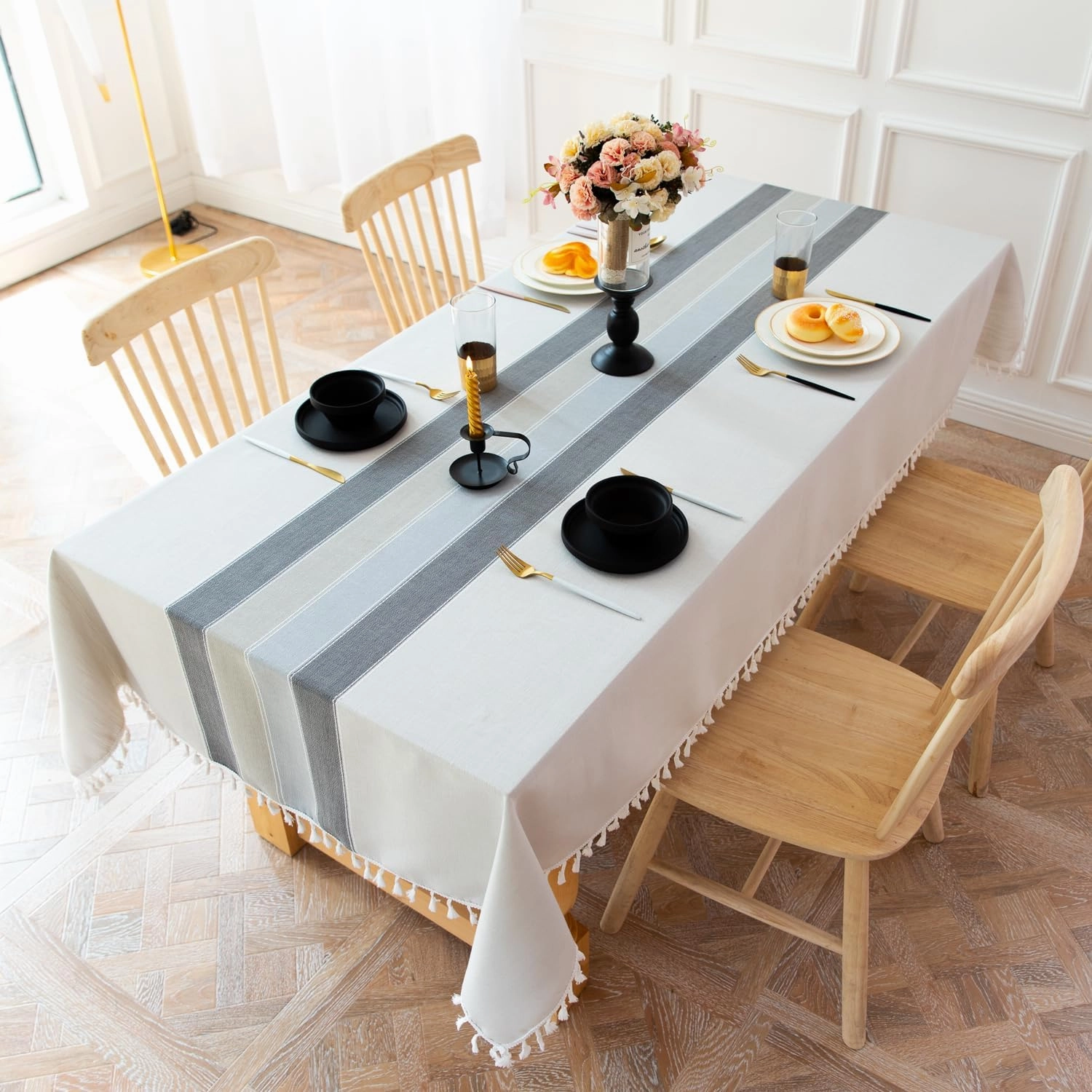 Laolitou Rustic Tablecloth Cotton Linen Waterproof Tablecloths Burlap Table Cloths for Kitchen Dining Cloth Table Cloth for Rectangle Tables Light Grey Stripes Square,55"x 55",4 Seats