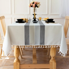 Laolitou Rustic Tablecloth Cotton Linen Waterproof Tablecloths Burlap Table Cloths for Kitchen Dining Cloth Table Cloth for Rectangle Tables Light Grey Stripes Square,55"x 55",4 Seats