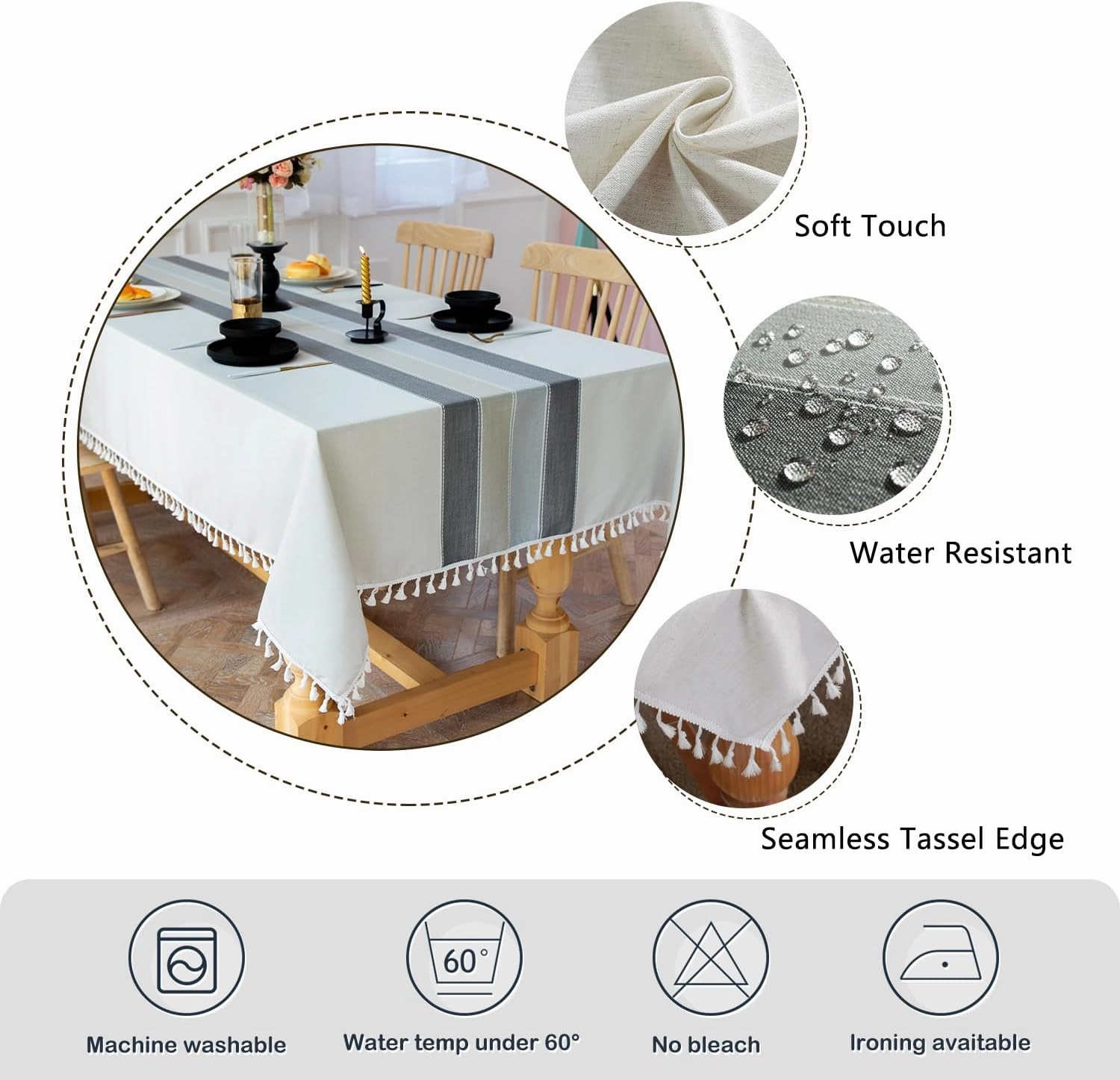 Laolitou Rustic Tablecloth Cotton Linen Waterproof Tablecloths Burlap Table Cloths for Kitchen Dining Cloth Table Cloth for Rectangle Tables Light Grey Stripes Square,55"x 55",4 Seats